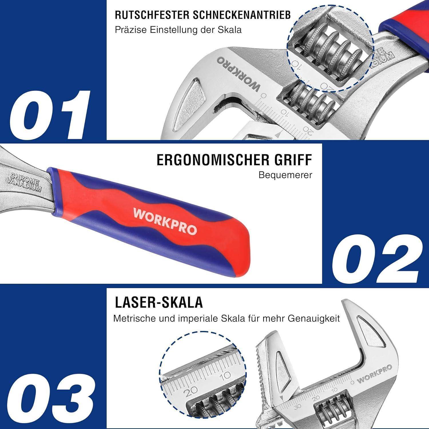 Verstellbare Schraubenschlüssel mit ergonomischen Griffen und Lasermassstäben für präzise Messungen. Zu den Merkmalen gehört ein rutschfestes Schneckengetriebe.
