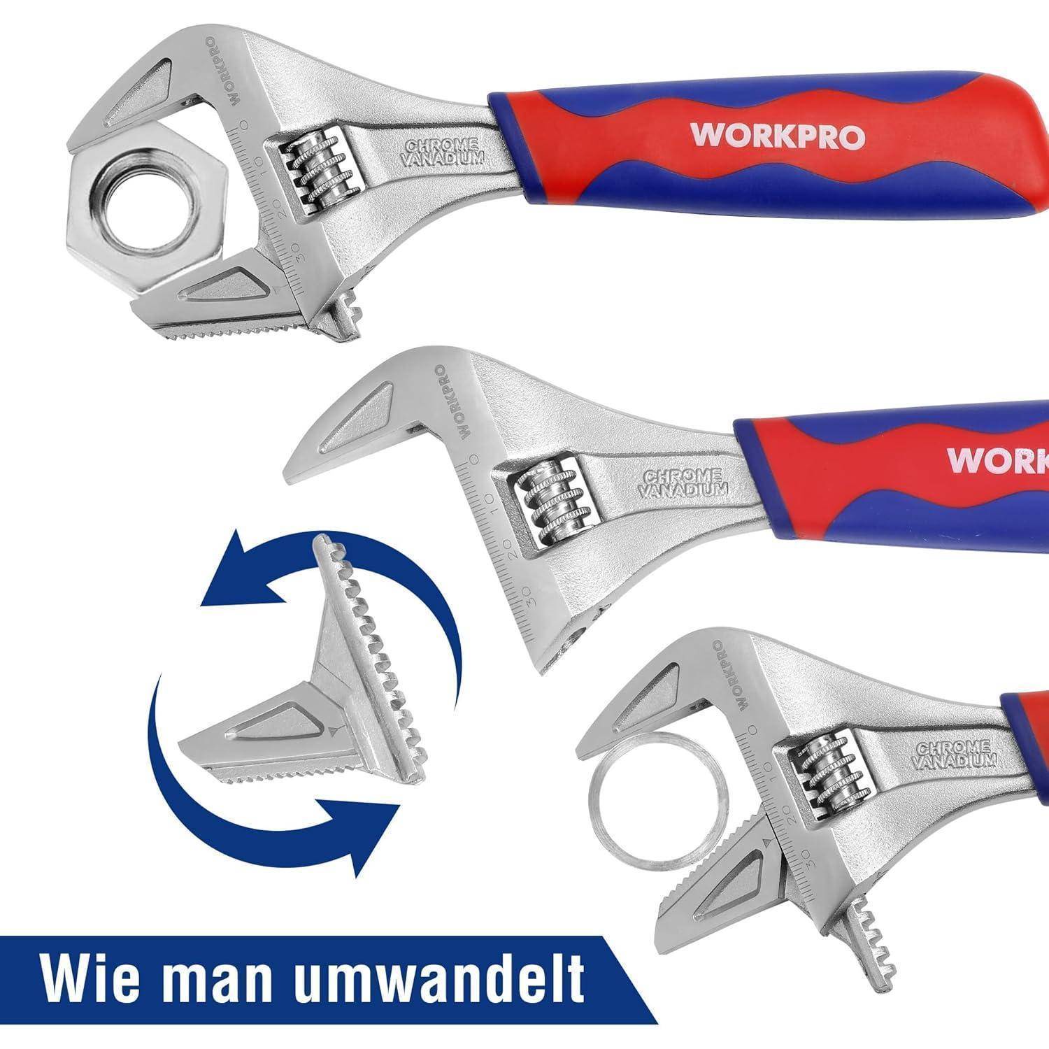 Verstellbarer Schraubenschlüssel mit rotierendem Kopf, blau-roter Griff, mit WORKPRO-Beschriftung. Enthält ein Diagramm, das den Mechanismus der Kopfdrehung veranschaulicht.