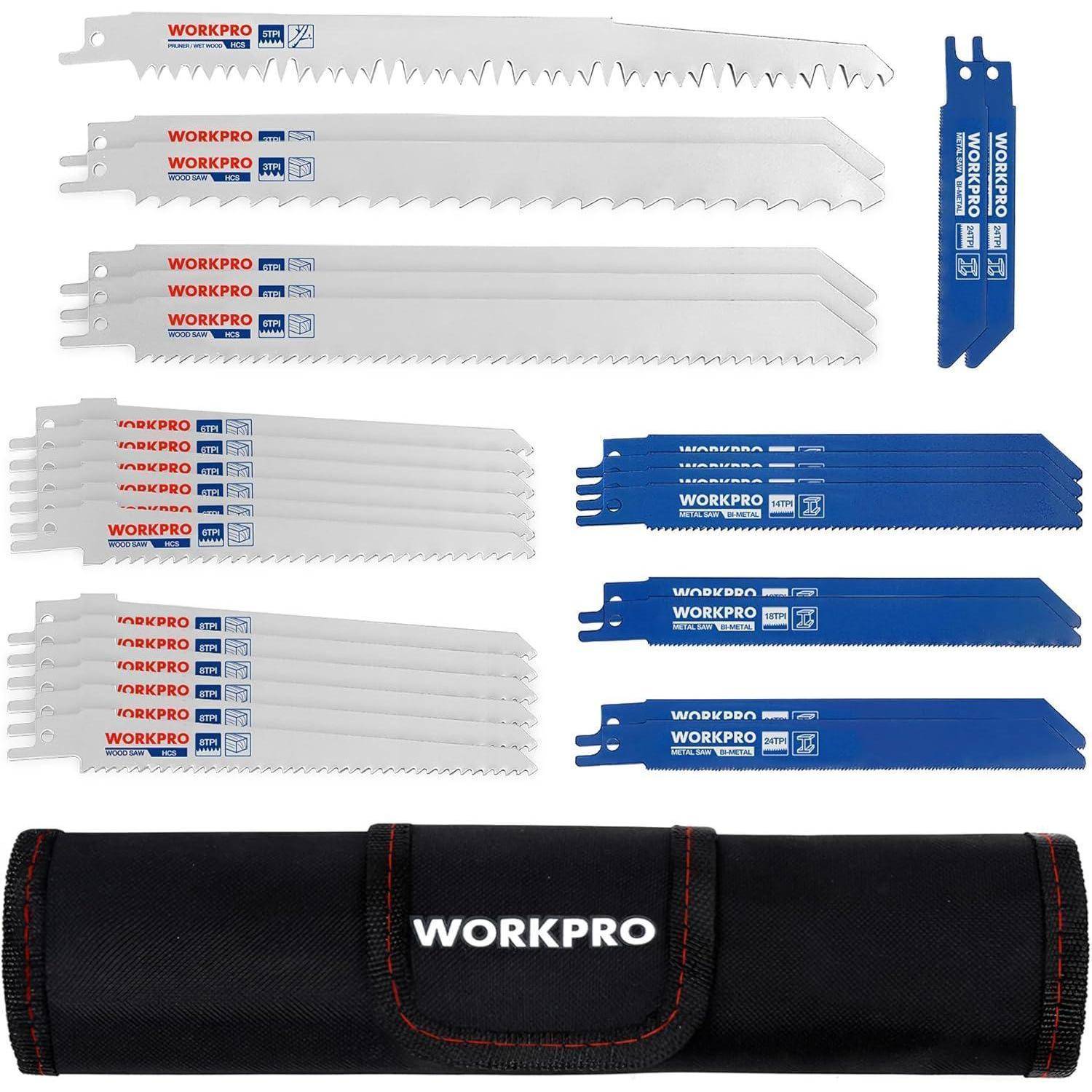 WORKPRO 32-teiliges Säbelsägeblatt-Set auf Präsentation, verschiedene Blattgrößen für Holz und Metall, mit Transportkoffer darunter.