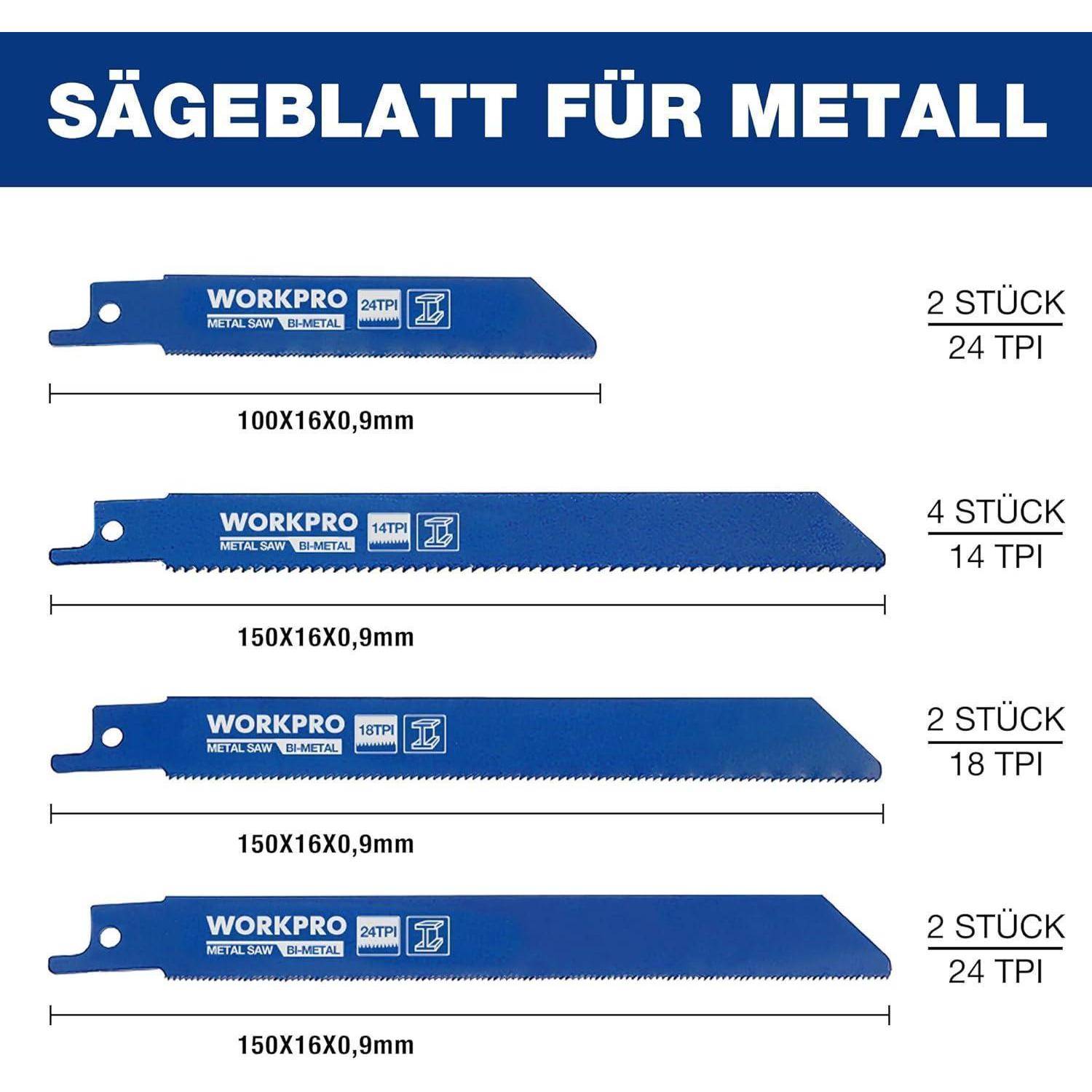 Vier verschiedene Metallsägeblätter mit unterschiedlichen Längen und Zähnen pro Zoll (ZPZ): 100x16x0.9mm (24 ZPZ), 150x16x0.9mm (14, 18, 24 ZPZ).