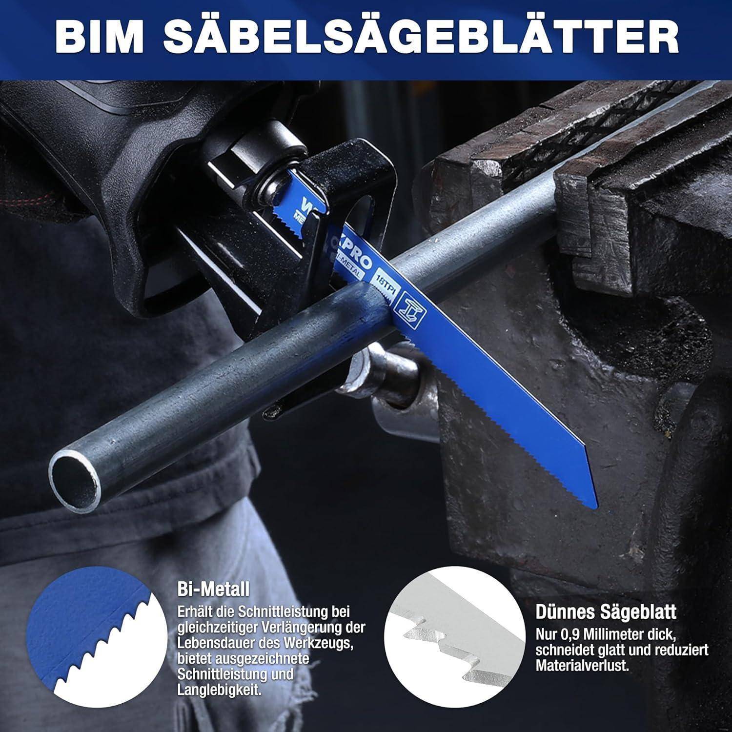 Eine blaue Säbelsäge, die ein Metallrohr durchtrennt und dabei 'BIM Säbelsägeblätter' für Bimetall-Haltbarkeit und präzise Schnittqualität demonstriert.