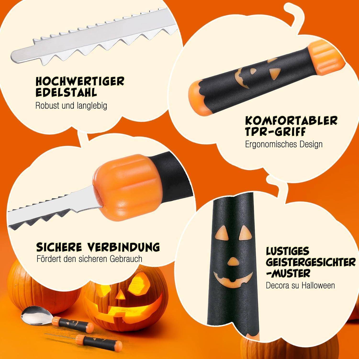 Ein Set von Kürbisschnitzwerkzeugen mit robuster Metallklinge, bequemem Griff, sicherer Befestigung und lustigen Geistergesichtsdesigns.