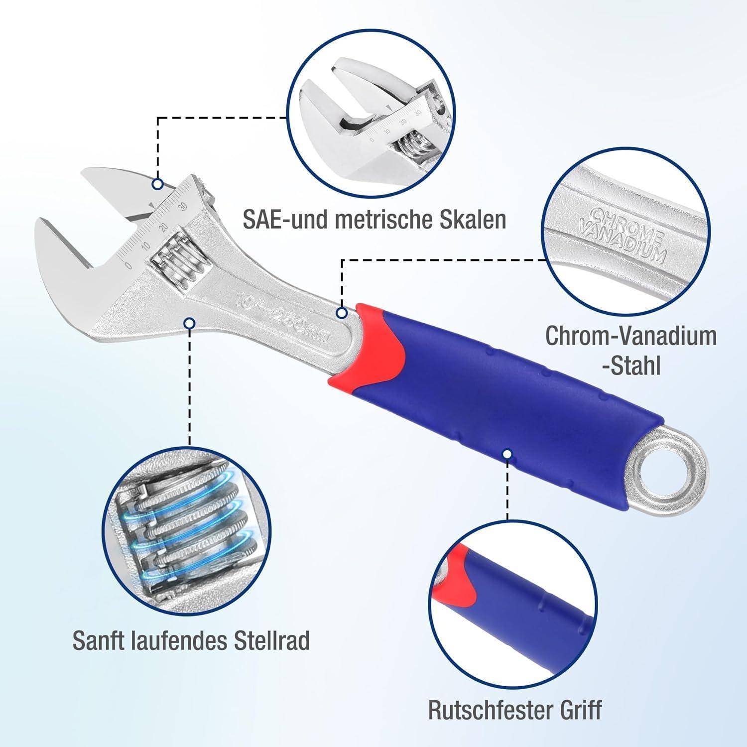 Verstellbarer Rollgabelschlüssel mit blau-rotem Griff, ausgestattet mit SAE- und metrischen Skalen, aus Chrom-Vanadium-Stahl gefertigt, mit gleitender Mechanik und rutschfester Griffoberfläche.