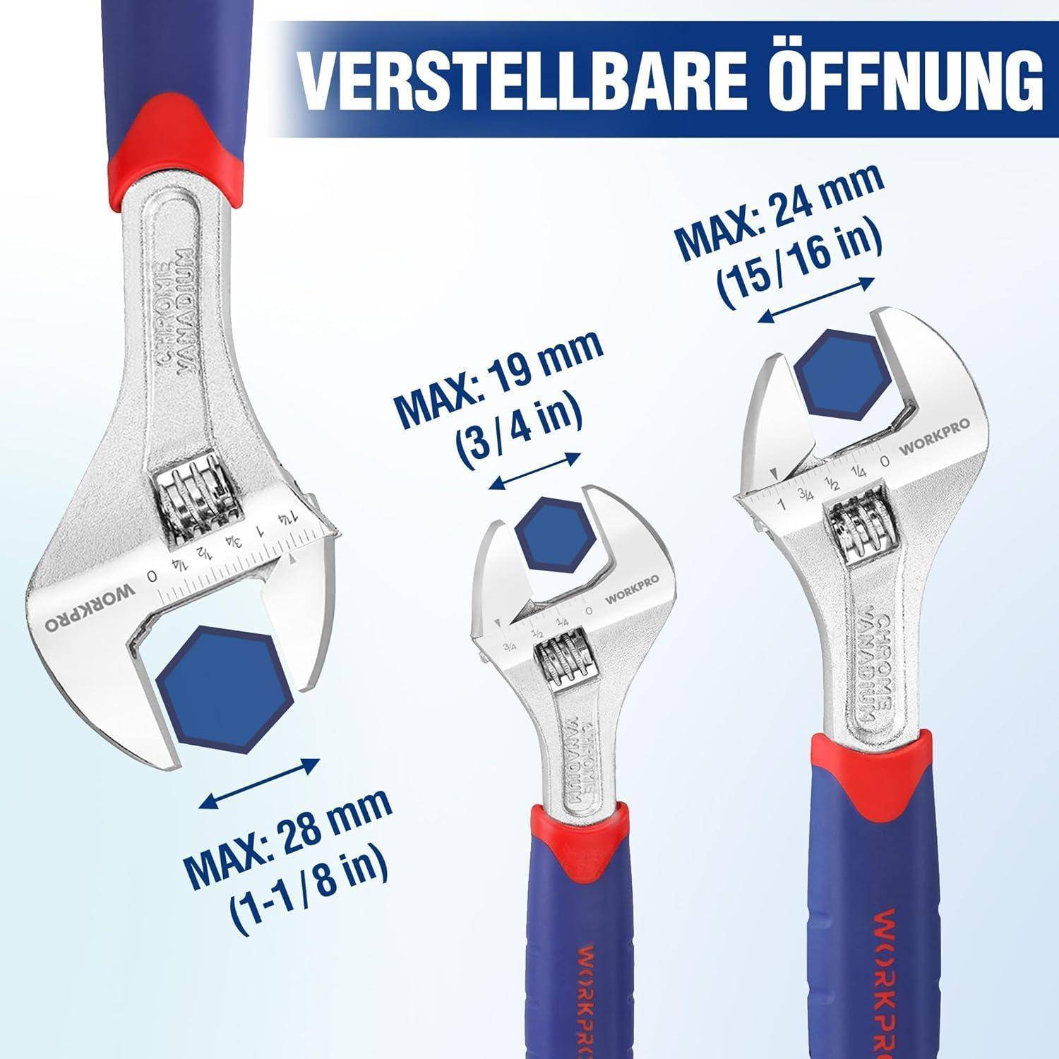 Verstellbarer Schraubenschlüssel mit drei Einstellungen: max 28 mm (1-1/8 Zoll), 24 mm (15/16 Zoll) und 19 mm (3/4 Zoll). Etikett liest 'Verstellbare Öffnung'.