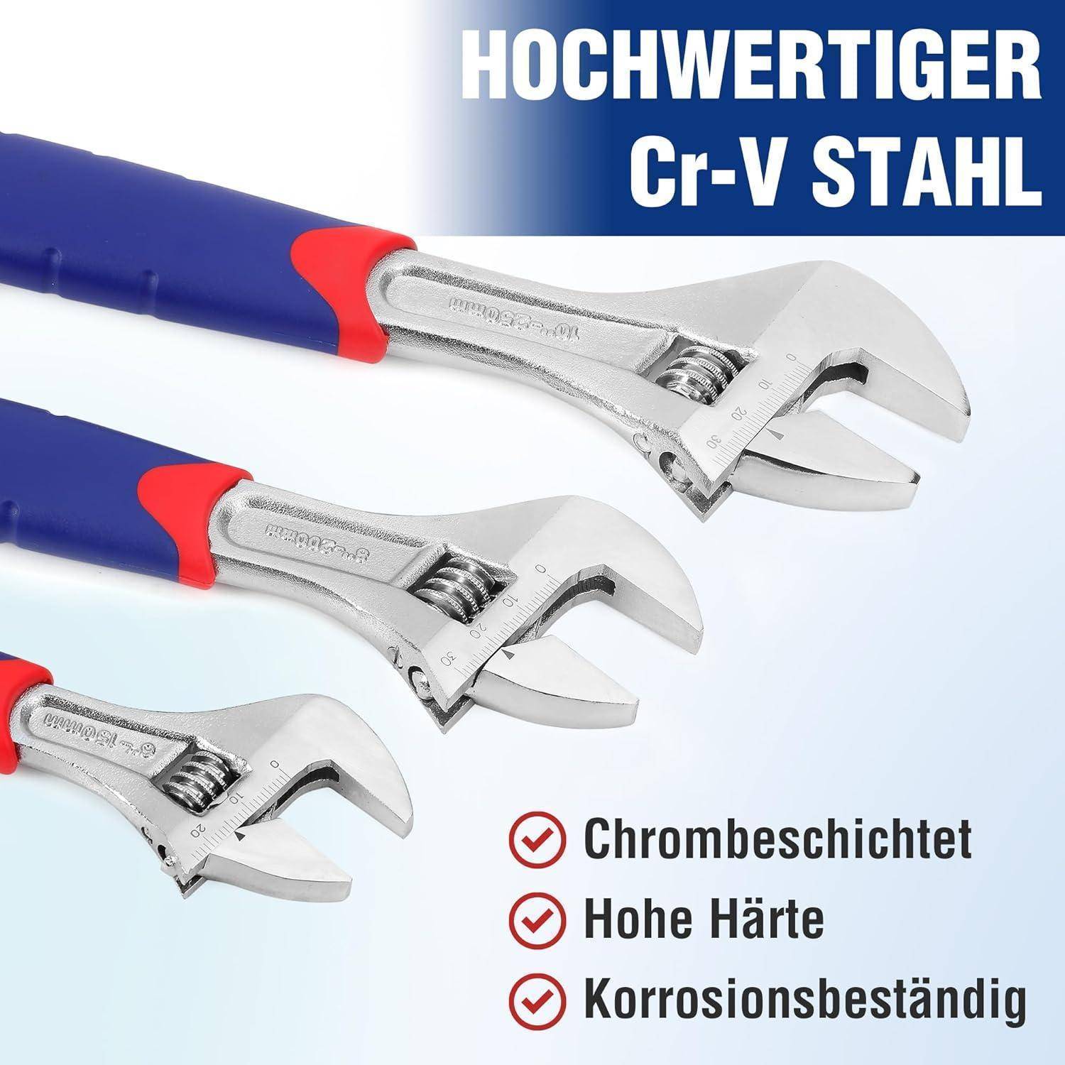Drei verstellbare Schraubenschlüssel in unterschiedlichen Größen mit blauen und roten Griffen. Texthinweise hervorgehoben: 