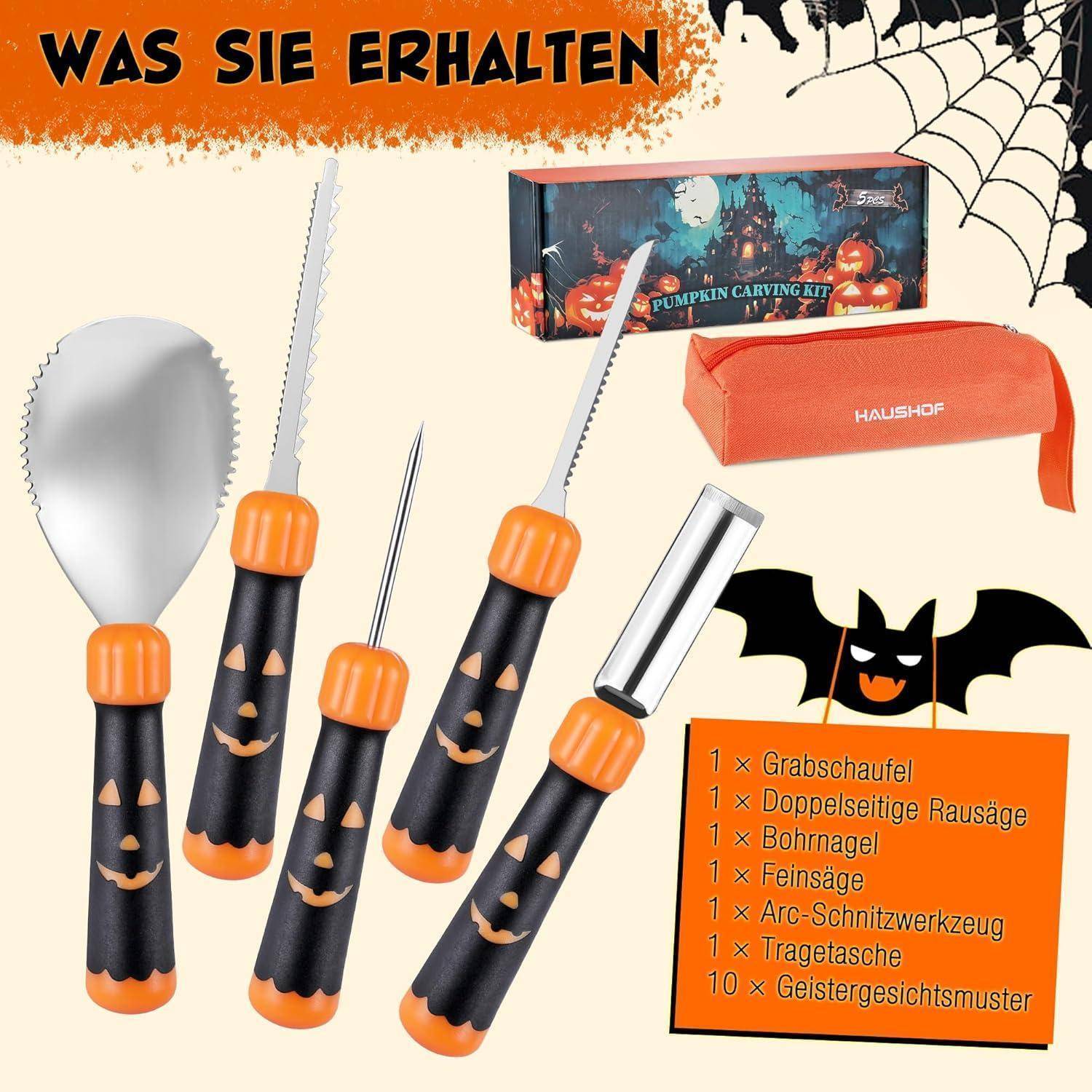 Kürbis Schnitzset 5-tlg. Halloween Profi Werkzeug Set inkl. Tasche