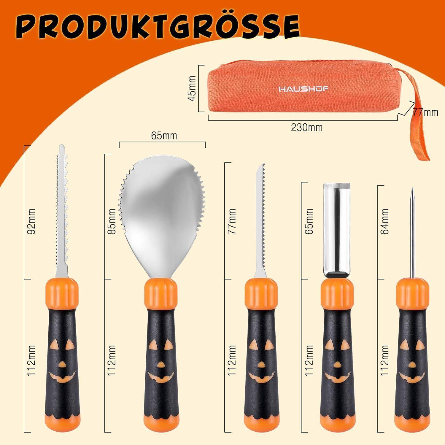 Das Bild der 'Produktgröße' zeigt fünf orange-schwarze Küchenutensilien mit Messungen zwischen 64 mm und 112 mm. Enthält eine 230 mm große weiche Tasche.