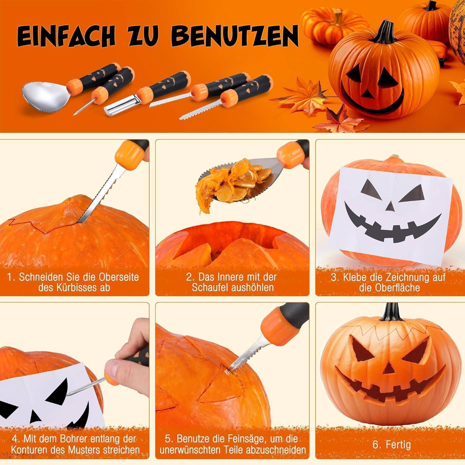 Schritt-für-Schritt-Anleitung zum Kürbisschnitzen: Deckel abschneiden, Innenleben aushöhlen, Gesichtsmuster anbringen, Umrisse ausschneiden, überschüssige Teile entfernen, fertiger geschnitzter Kürbis.