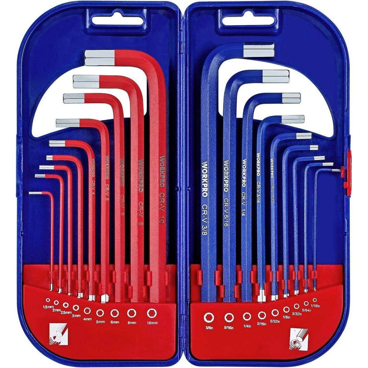 Ein Set aus roten und blauen Sechskantschlüsseln in einem zweifarbigen Etui, jeder mit Größenangaben von 1,5 mm bis 10 mm und 1/16 bis 3/8 Zoll beschriftet.