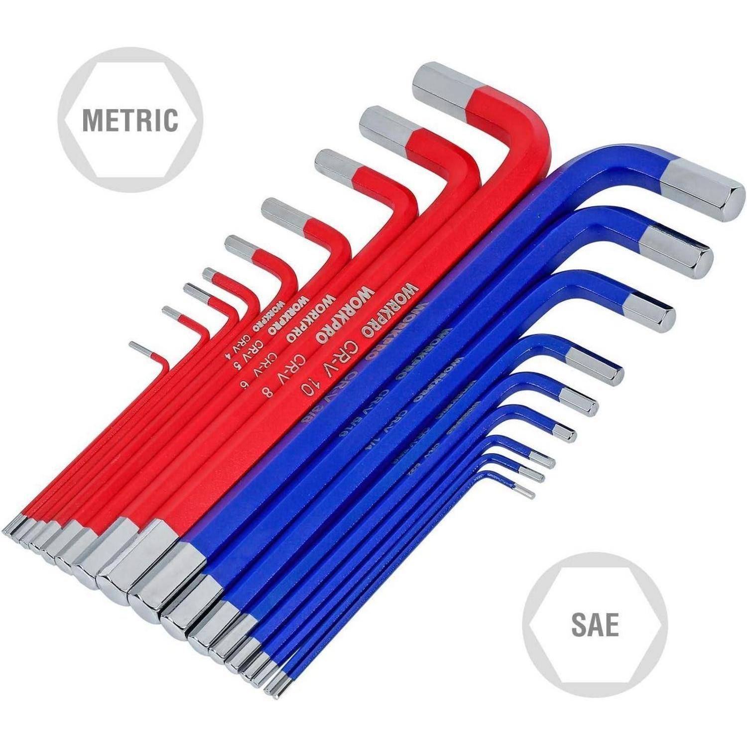 Ein Satz rote metrische und blaue SAE Sechskantschlüssel mit beschrifteten Größen, in einer Reihe angeordnet, wobei beide Enden gezeigt werden, und ihre Verwendung in der Mechanik hervorgehoben wird.