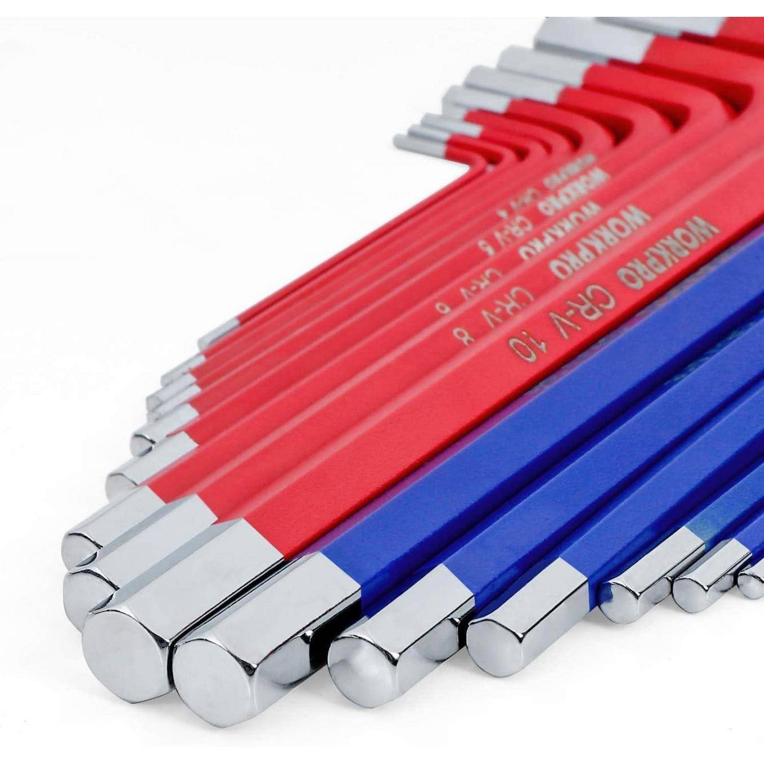 Ein Satz roter und blauer Sechskantschlüssel verschiedener Größen, in einer Fächerform angeordnet, wobei der größte oben mit Herstellermarkierungen versehen ist.
