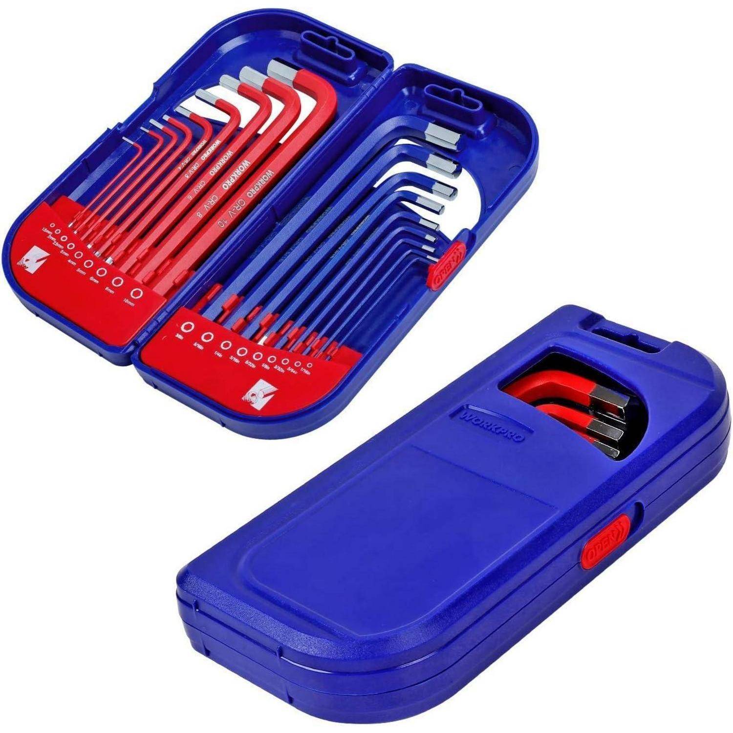 Eine blaue Plastikklappbox enthält einen Satz roter und blauer Sechskantschlüssel in verschiedenen Größen, sorgfältig und übersichtlich geordnet für einfache Handhabung und Aufbewahrung.