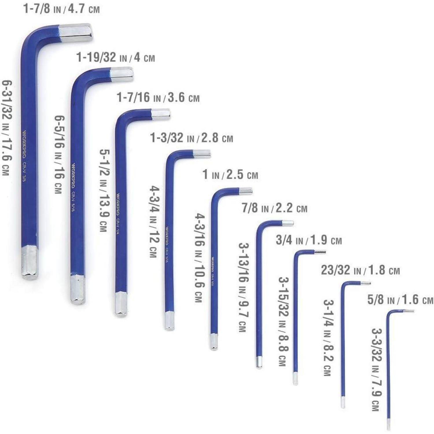 Neunteiliger metrischer Sechskant-Schlüsselsatz, der von 1-5/8 Zoll bis 6-31/32 Zoll reicht, gekennzeichnet durch die Größe in Zoll und Zentimetern.