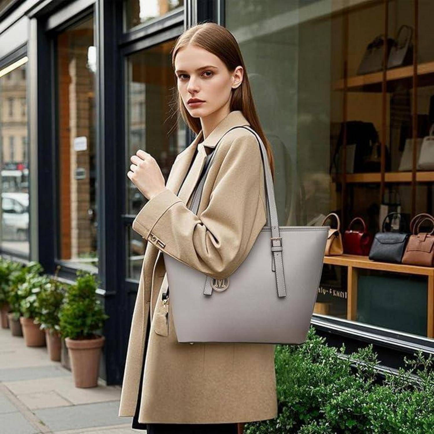 Große Graue Damen Shopper Handtasche Kunstleder Henkeltasche