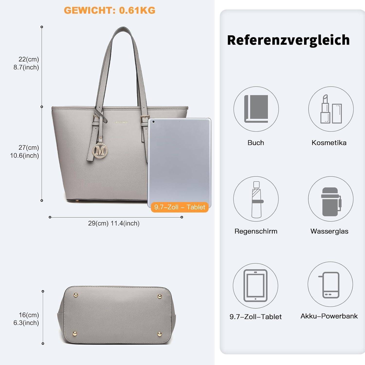 Große Graue Damen Shopper Handtasche Kunstleder Henkeltasche