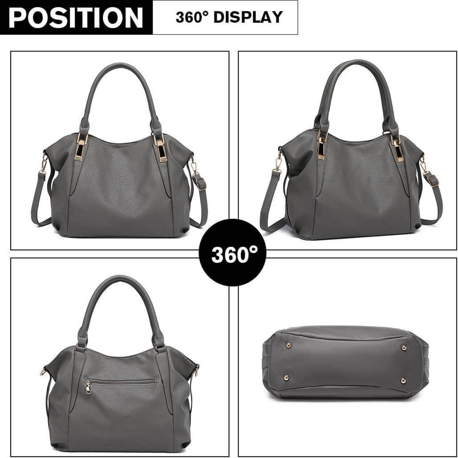 Damen Handtasche Groß Shopper Tote Bag PU Leder Dunkelgrau