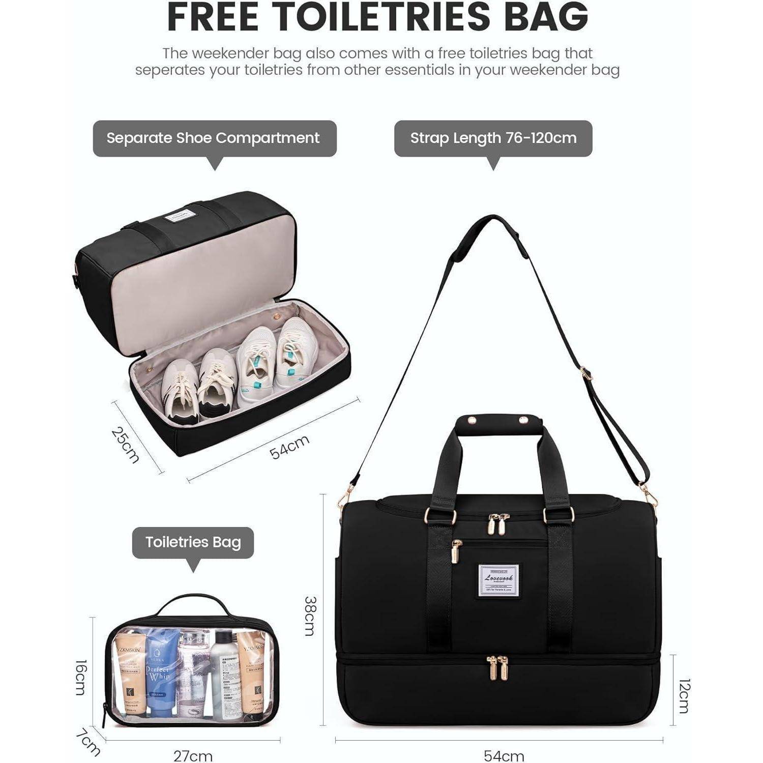 Sporttasche Groß 50L Damen Reisetasche Weekender Schwarz