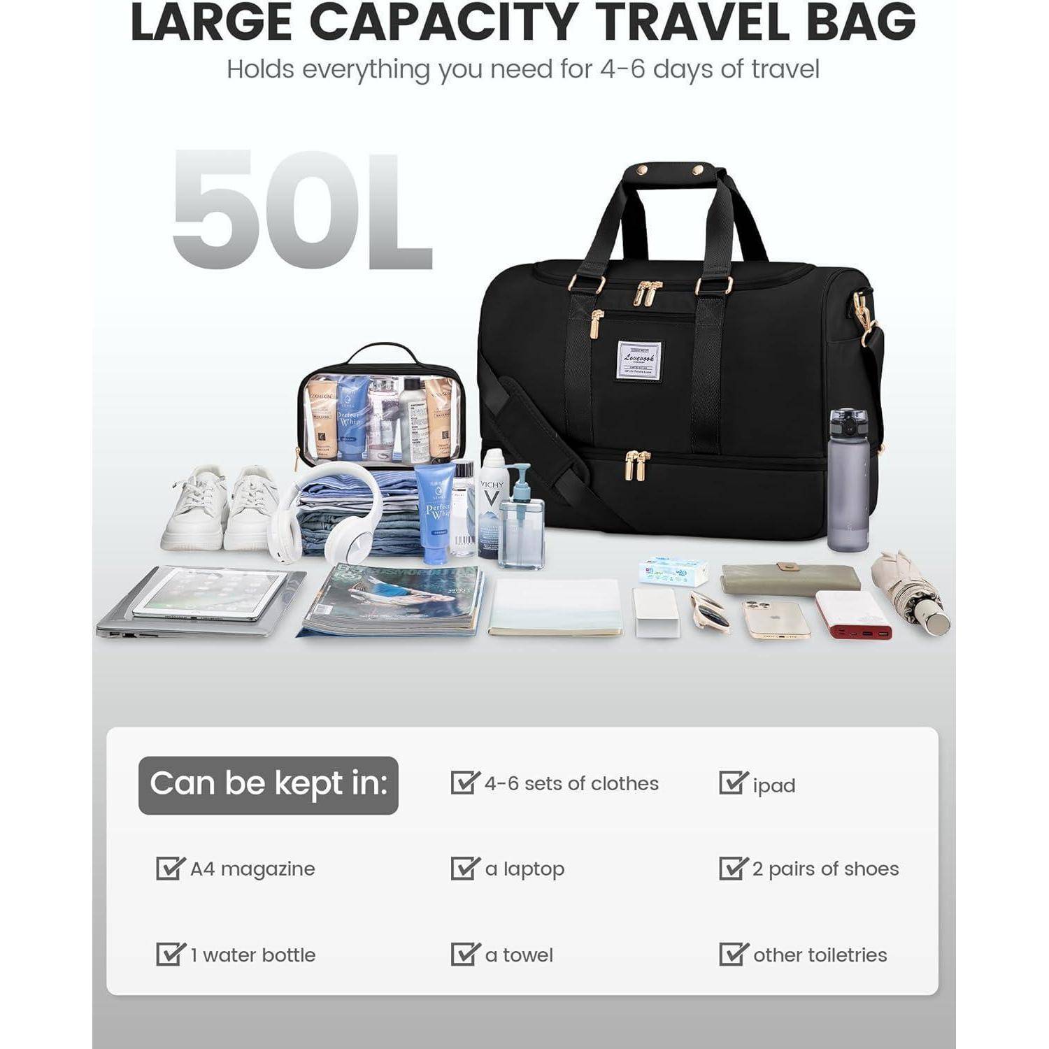 Sporttasche Groß 50L Damen Reisetasche Weekender Schwarz
