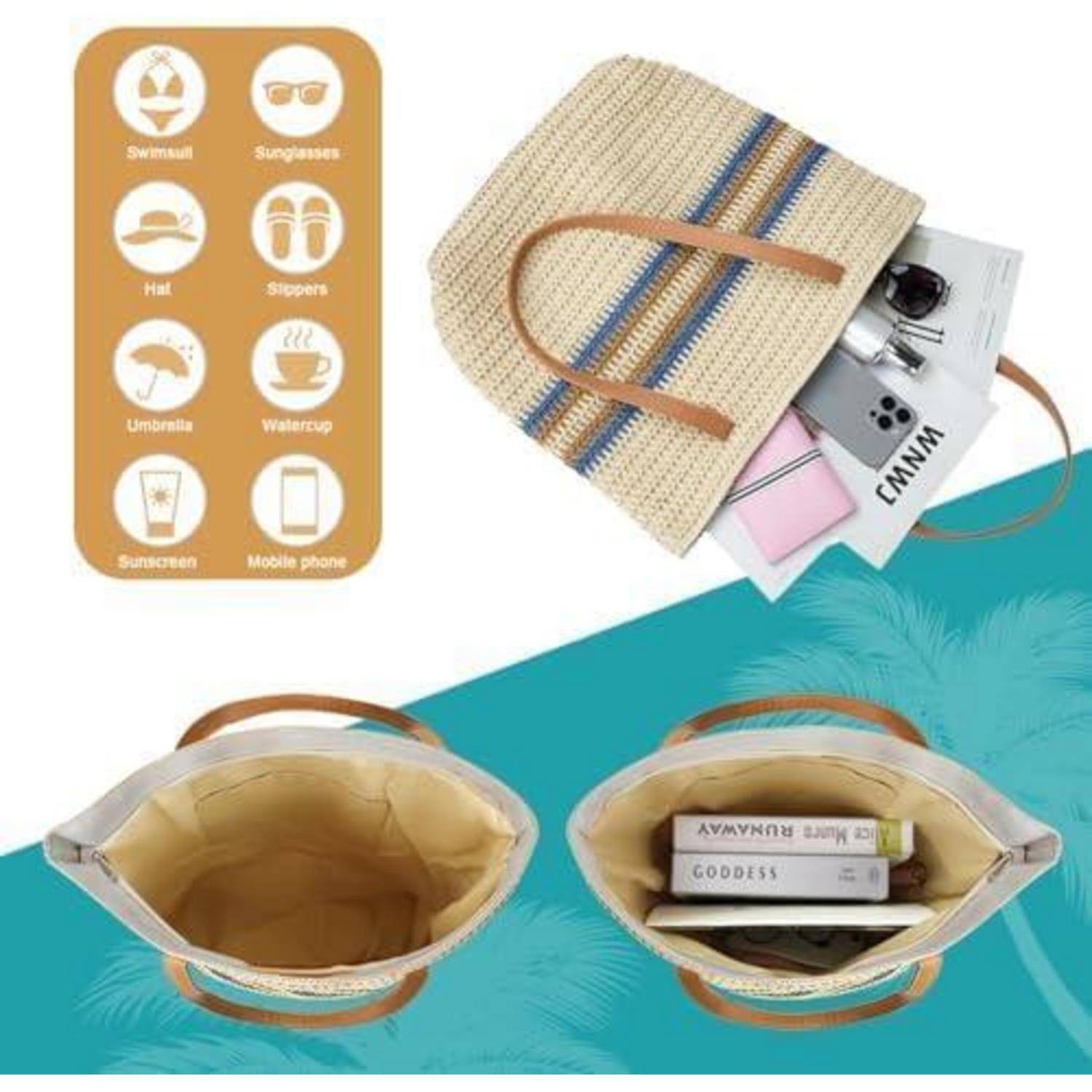 Strohtasche Strandtasche Damen Stroh Umhängetasche groß mit
