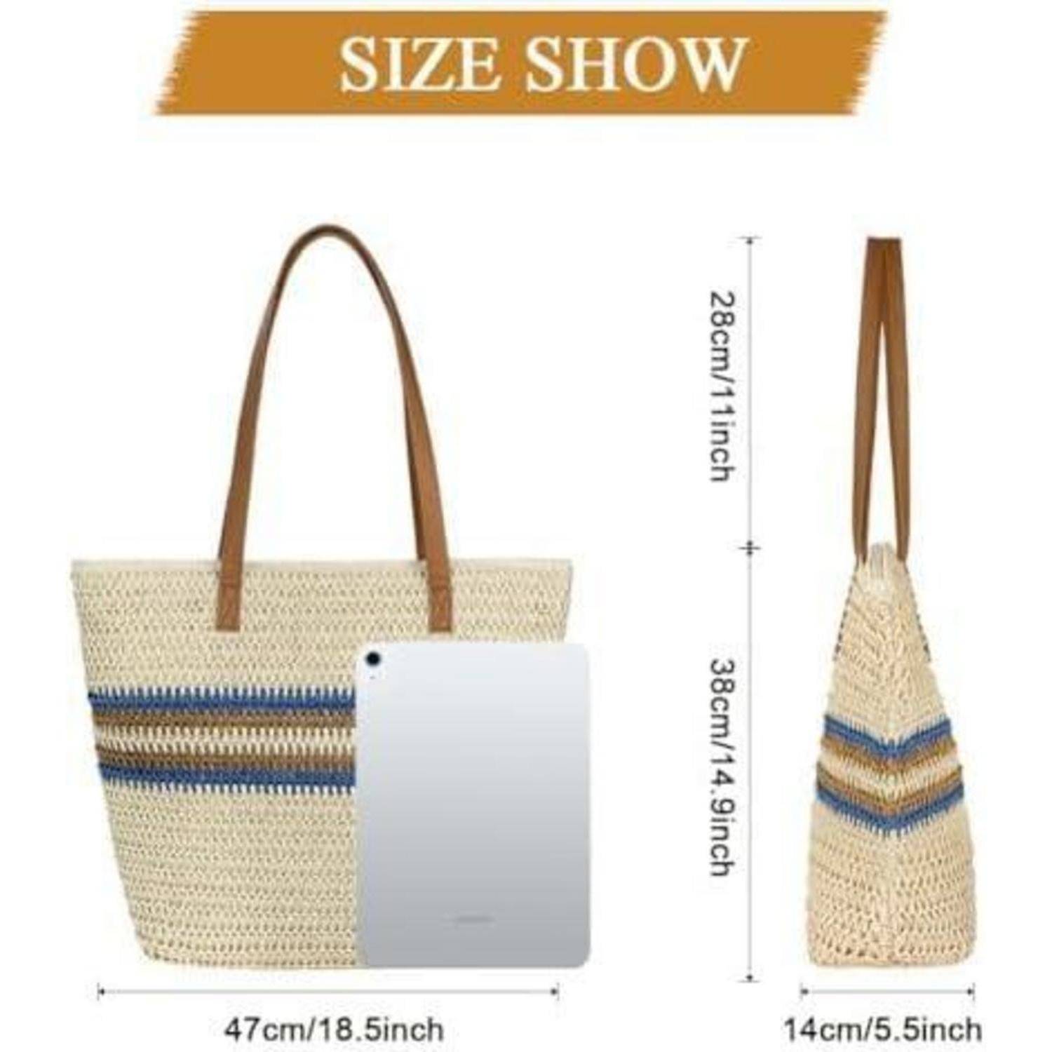 Strohtasche Strandtasche Damen Stroh Umhängetasche groß mit