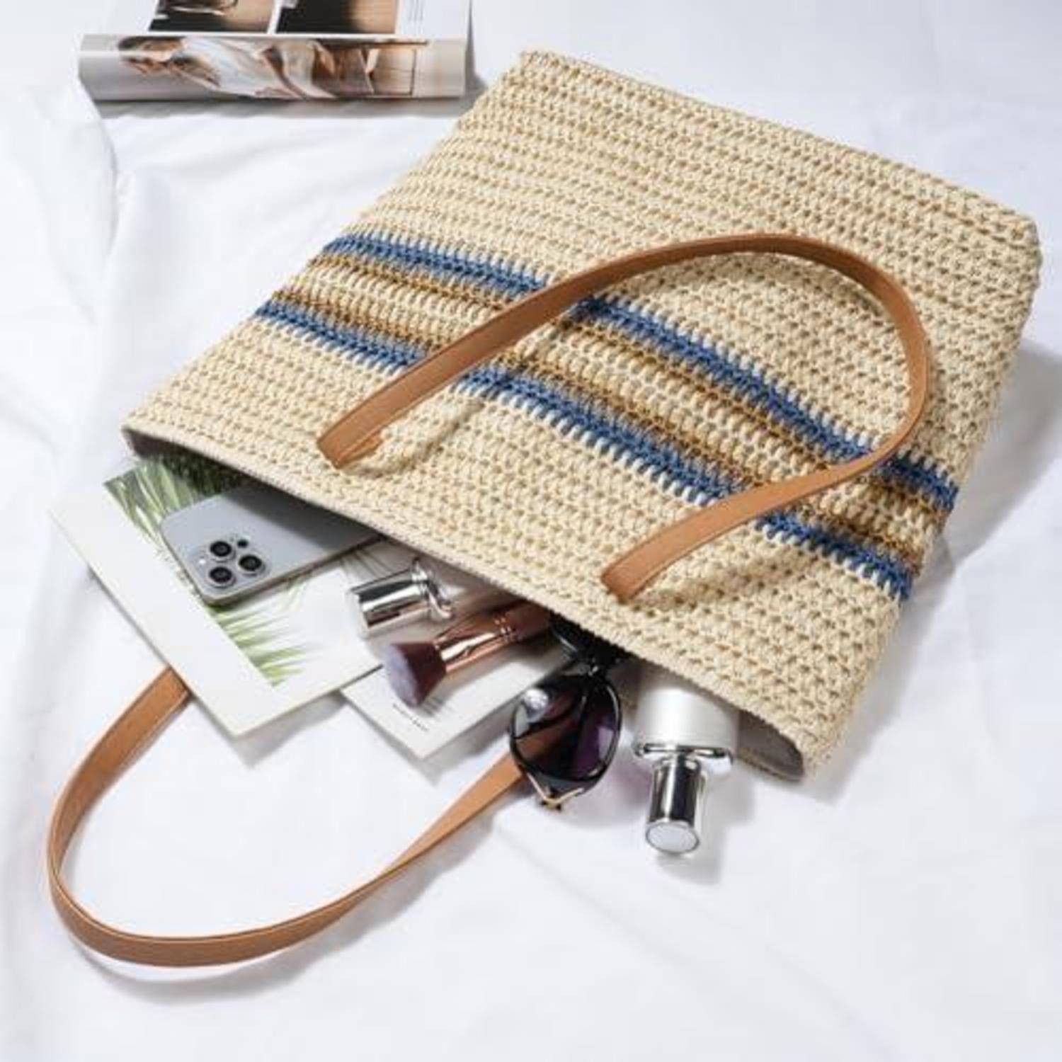 Strohtasche Strandtasche Damen Stroh Umhängetasche groß mit