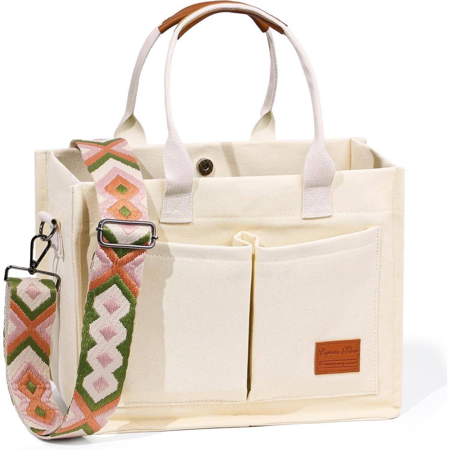 Große Damen Canvas Tote Bag mit Fächern für Uni und Schule