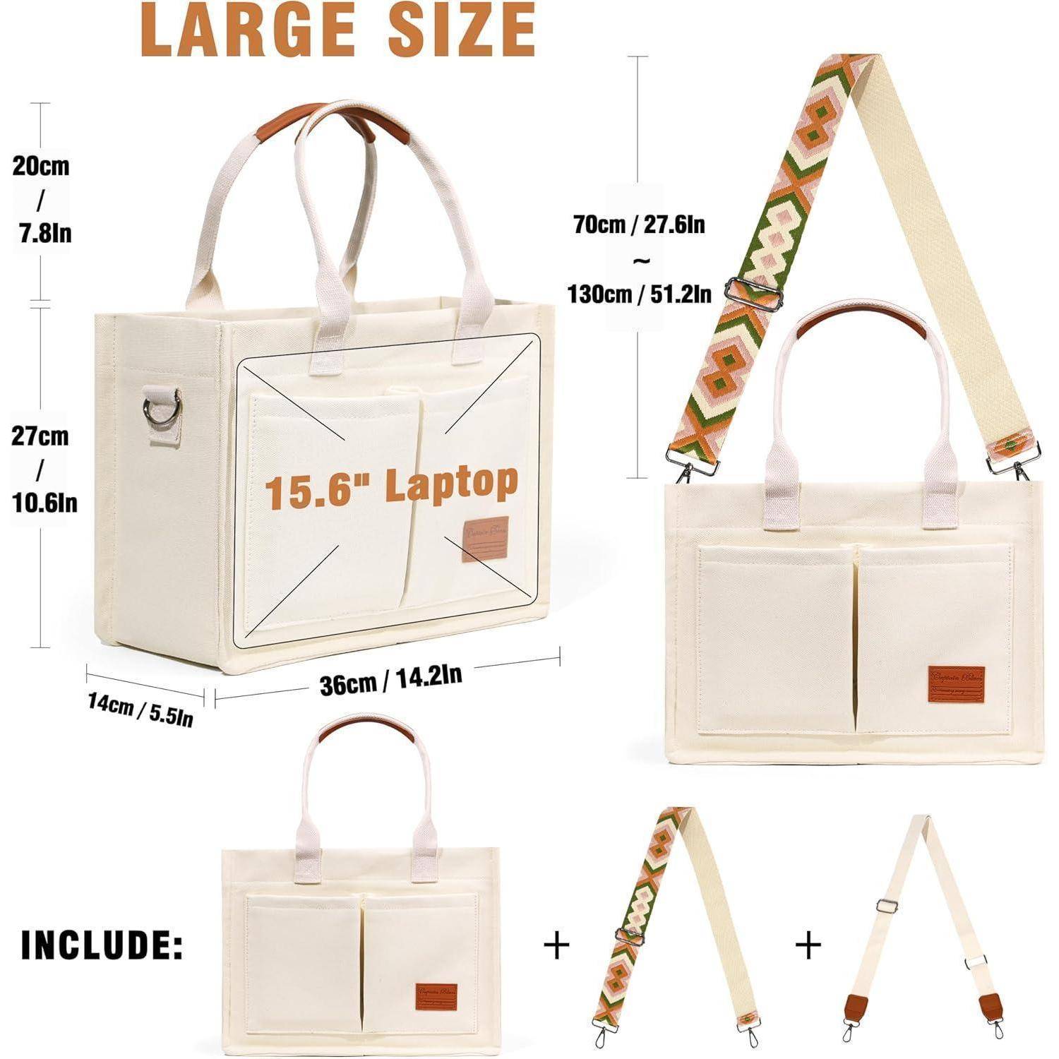 Große Damen Canvas Tote Bag mit Fächern für Uni und Schule