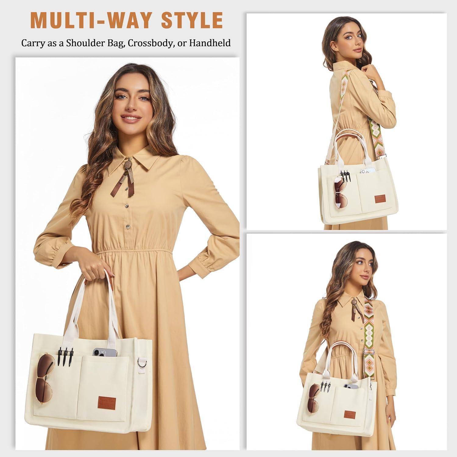 Große Damen Canvas Tote Bag mit Fächern für Uni und Schule