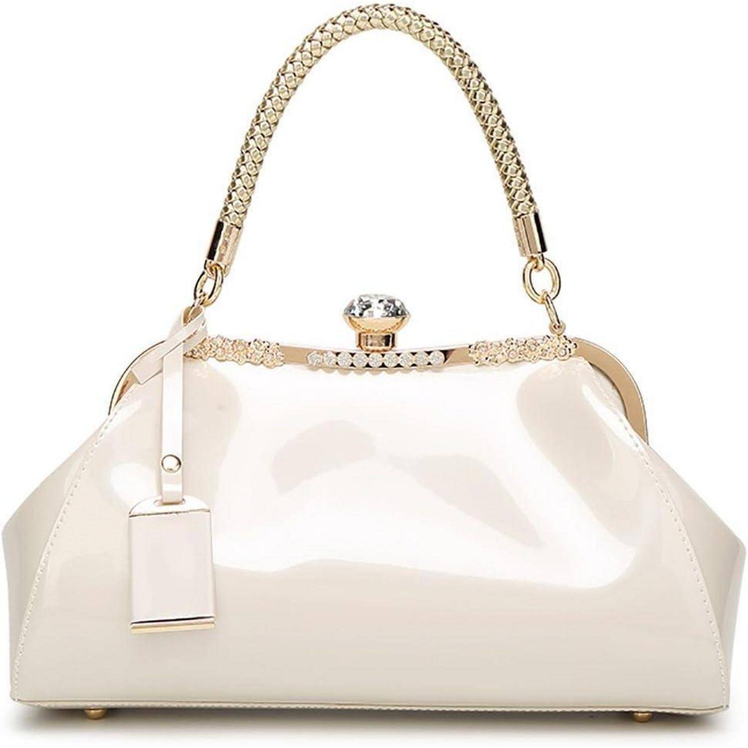 Handtasche Damen Umhängetasche PU Lackleder Hochzeit Cremeweiß