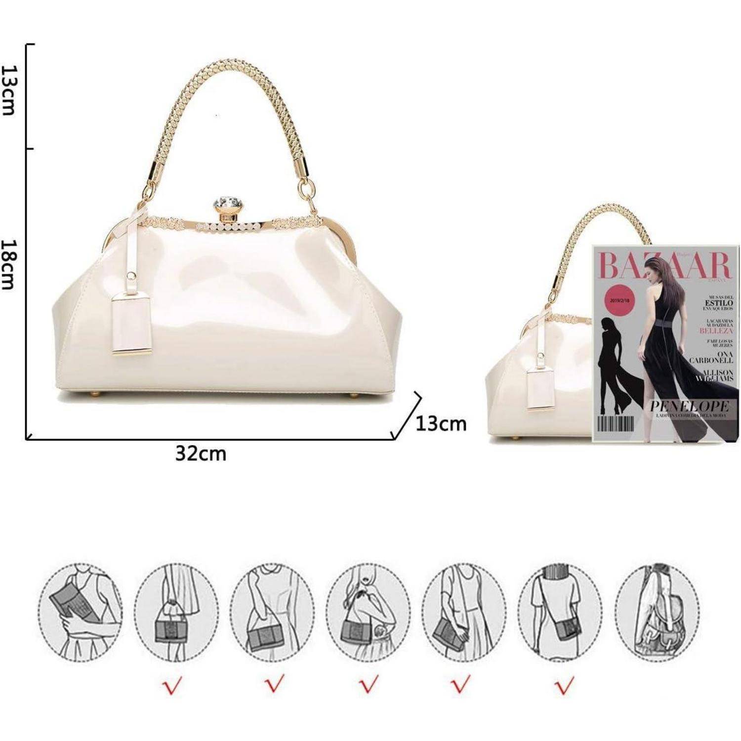 Handtasche Damen Umhängetasche PU Lackleder Hochzeit Cremeweiß
