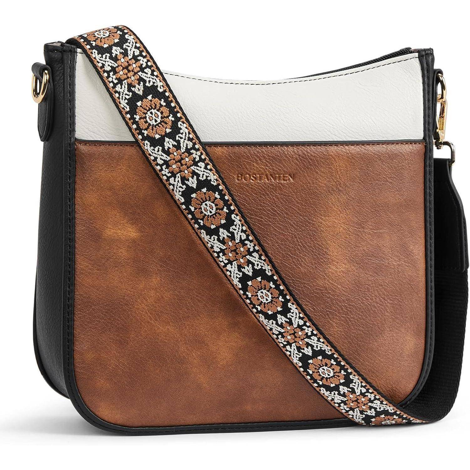 Handtasche Damen Leder Crossbody Umhängetasche 1-beige mit Braun
