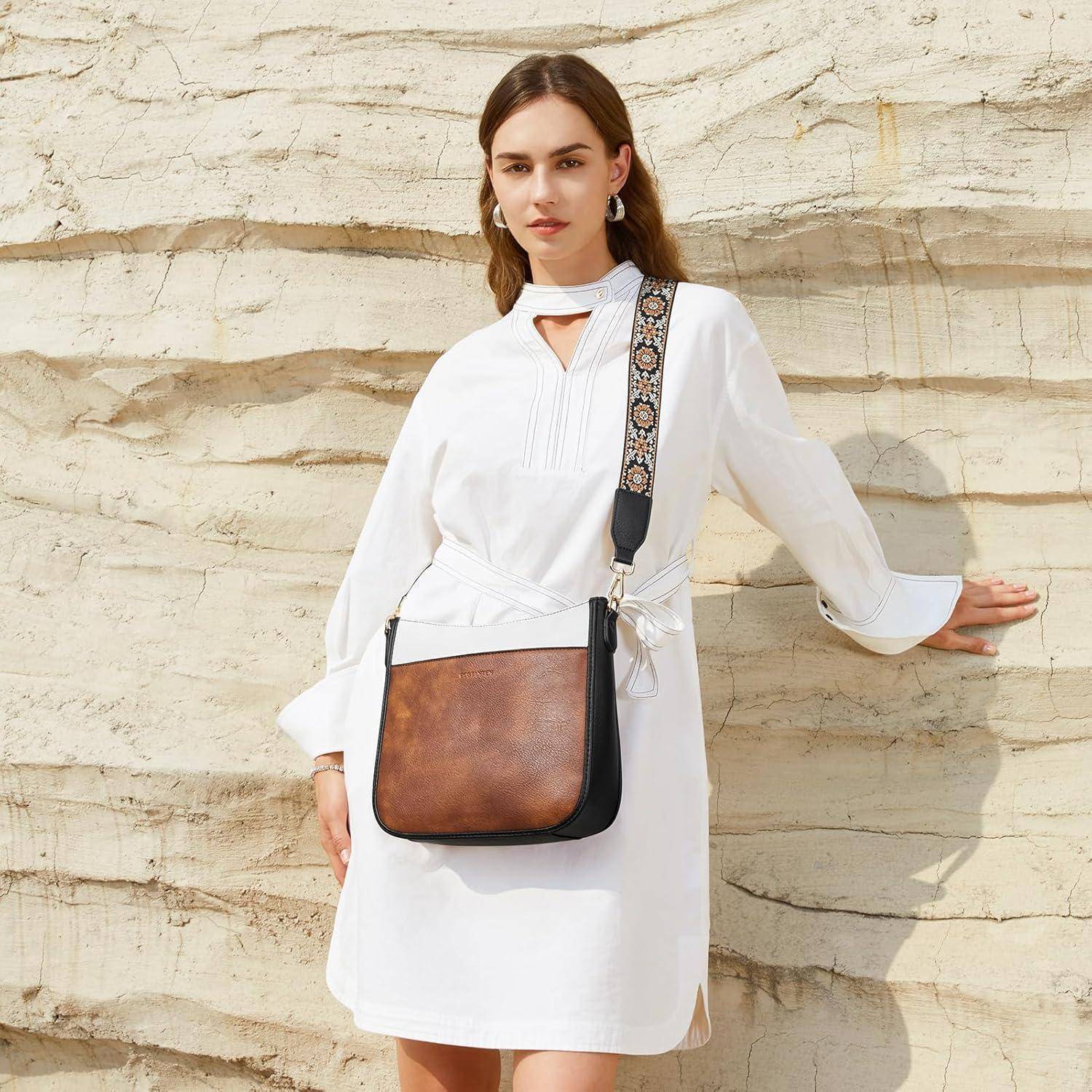 Handtasche Damen Leder Crossbody Umhängetasche 1-beige mit Braun