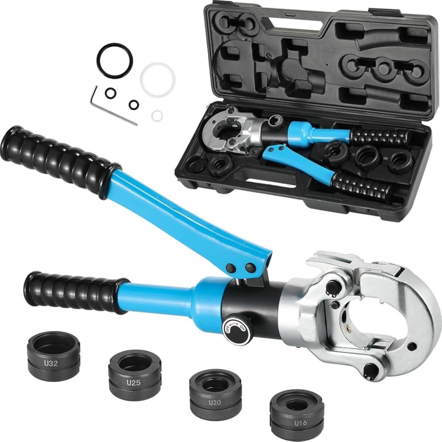 Hydraulisches Crimpwerkzeug-Set mit blauen und schwarzen Griffen, verschiedenen Größenmatrizen und einem offenen Aufbewahrungskoffer.