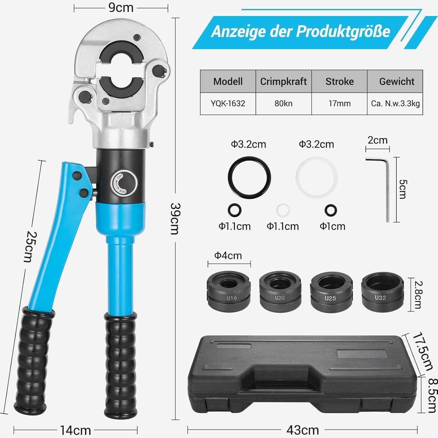 Ein hydraulischer Crimpwerkzeug mit blauen Griffen wird gezeigt mit Abmessungen: Grifflänge 25 cm, Werkzeughöhe 39 cm, Basis 14 cm. Inklusive Presseinsätze und Koffer.