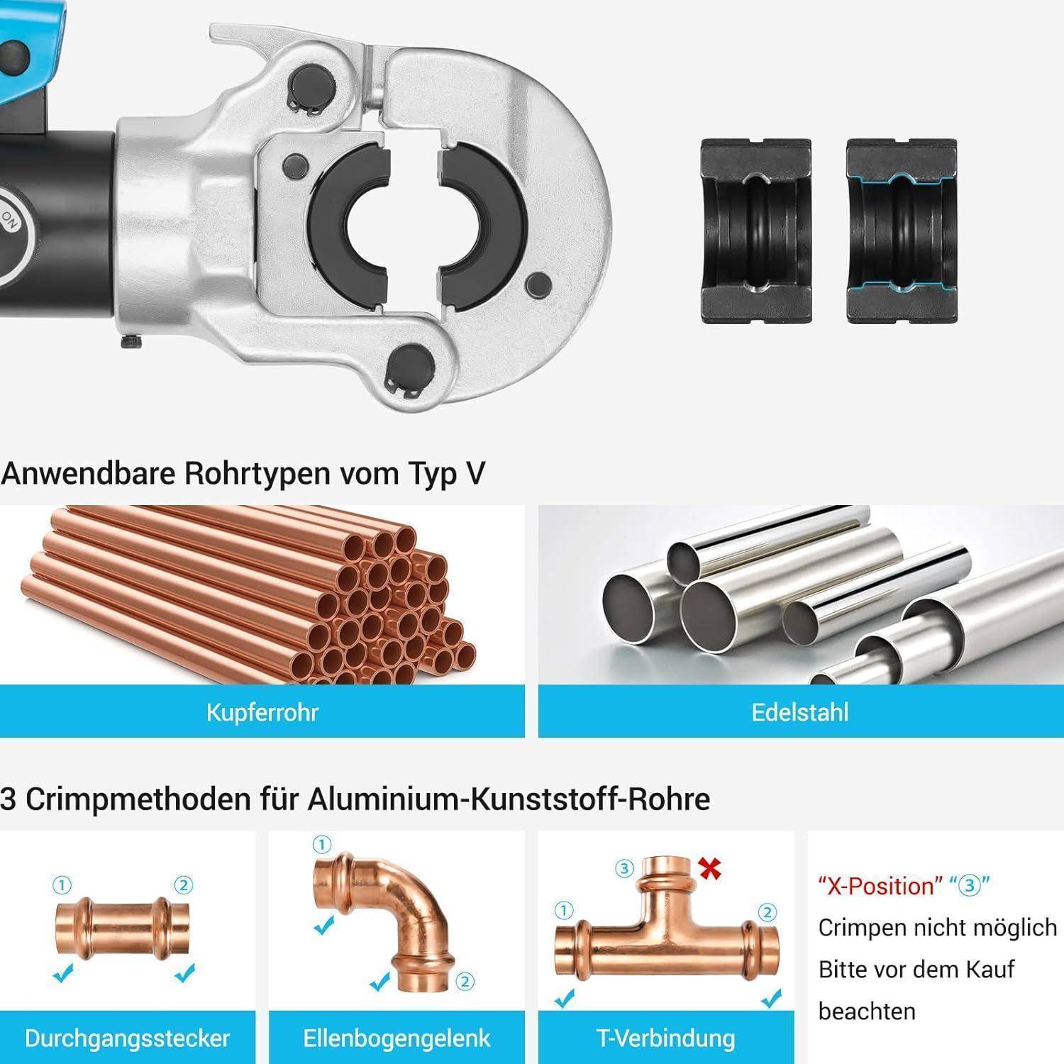 Anwendbare Rohrtypen vom Typ V': Abbildung zeigt kompatible Rohrtypen mit einem Aluminium-Querschnittswerkzeug, Kupferrohren und Edelstahlrohren. Die Anweisungen heben Crimpverfahren für Aluminium-Kunststoff-Rohre hervor.