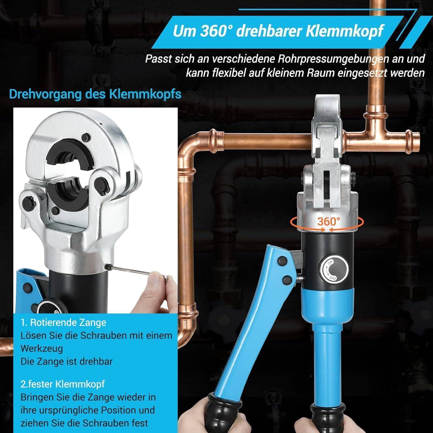 Das Bild zeigt ein Werkzeug mit einem um 360 Grad drehbaren Klemmkopf, der ein Kupferrohr sicher befestigt. Ein deutscher Text erläutert die Funktionen und Einstellungen des Werkzeugs.