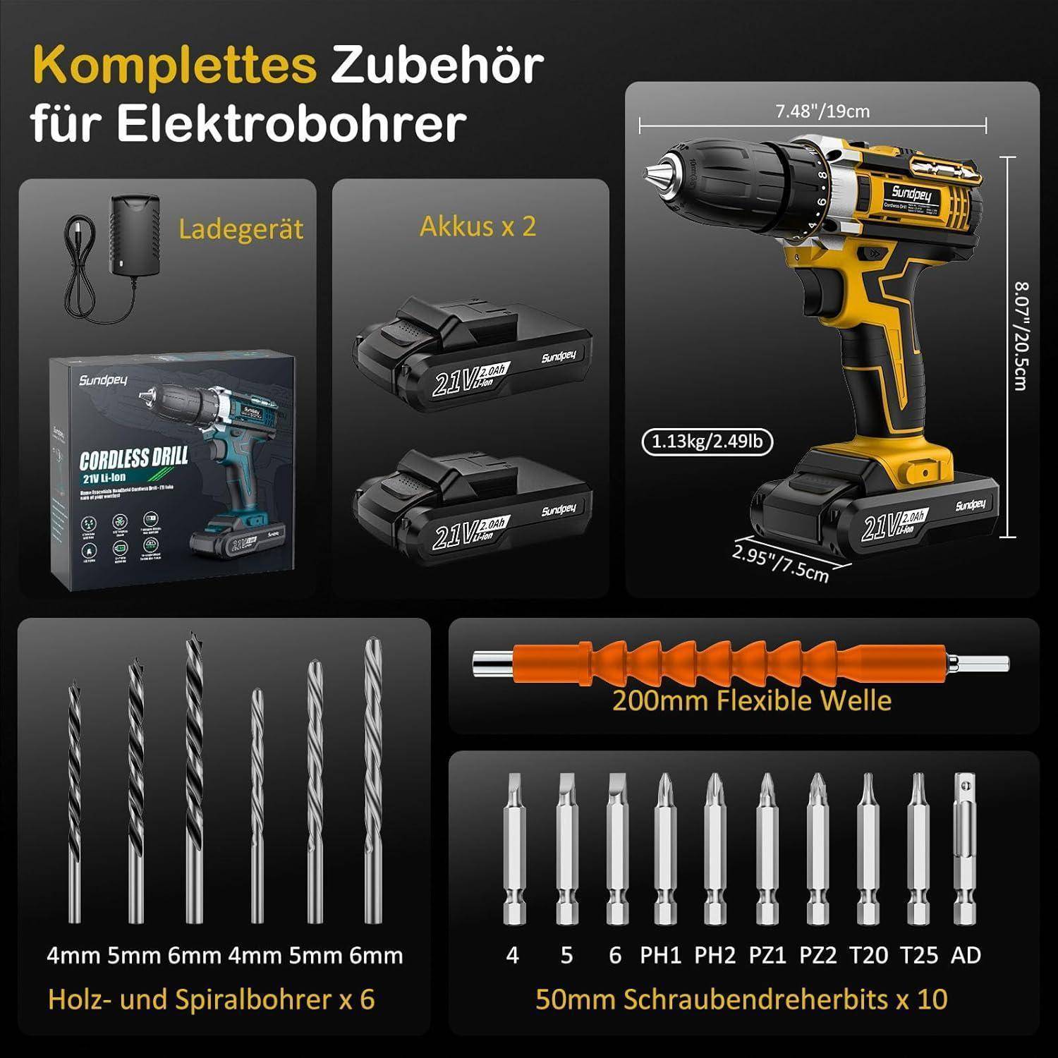 Ein Akku-Bohrschrauber-Set mit Zubehör, bestehend aus einem Ladegerät, zwei Akkus, sechs Bohrern in Größen von 4 mm bis 6 mm und zehn Schraubendreher-Bits mit Markierungen von PH1 bis T30.