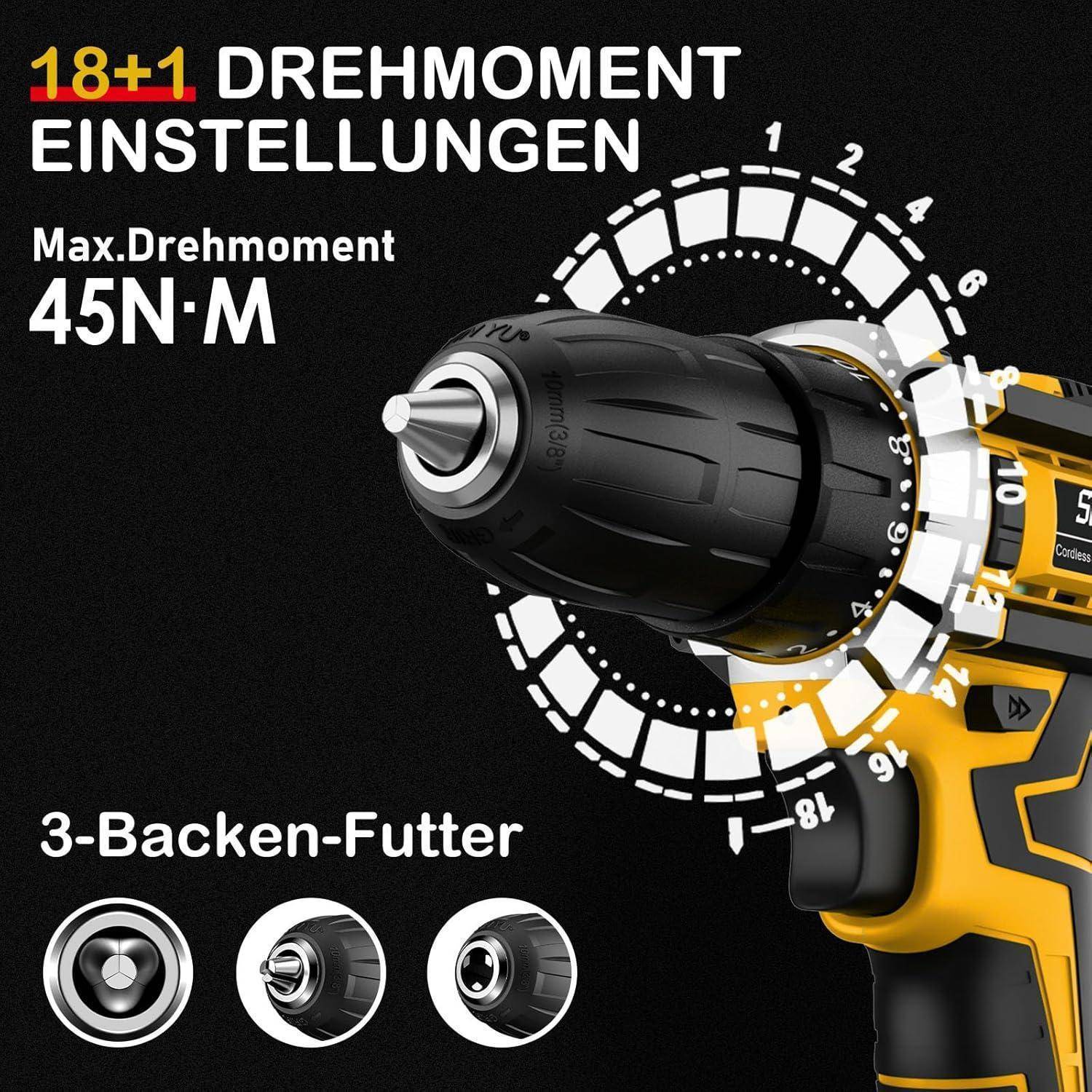 Ein Akku-Bohrschrauber, der '18+1 DREHMOMENT EINSTELLUNGEN', '45N·M' und '3-Backen-Futter' auf einem gelb-schwarzen Verlaufshintergrund zeigt.