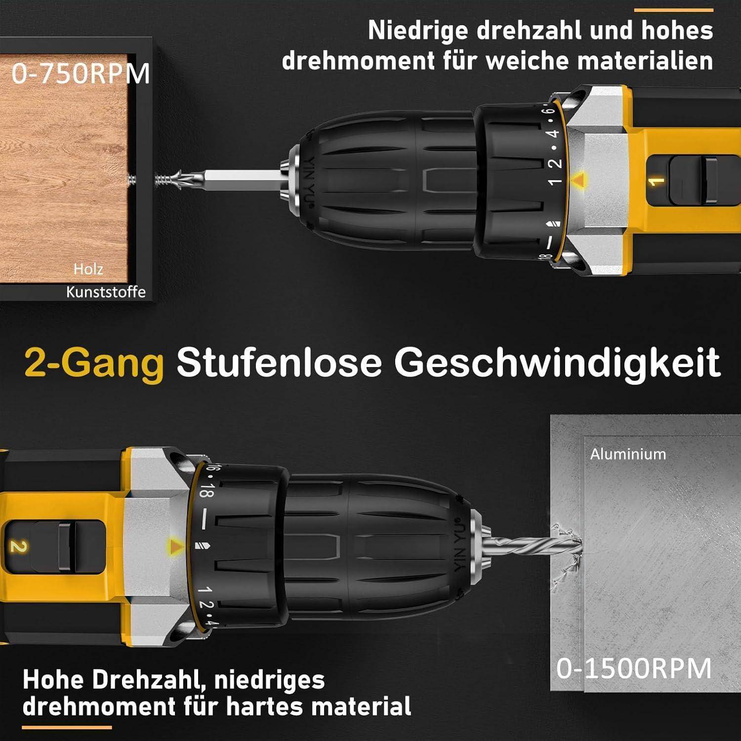 Eine Bohrmaschine mit verschiedenen Geschwindigkeitseinstellungen: 0-750 U/min für weiche Materialien wie Holz, 0-1500 U/min für harte Materialien wie Aluminium; beschriftet auf Deutsch.