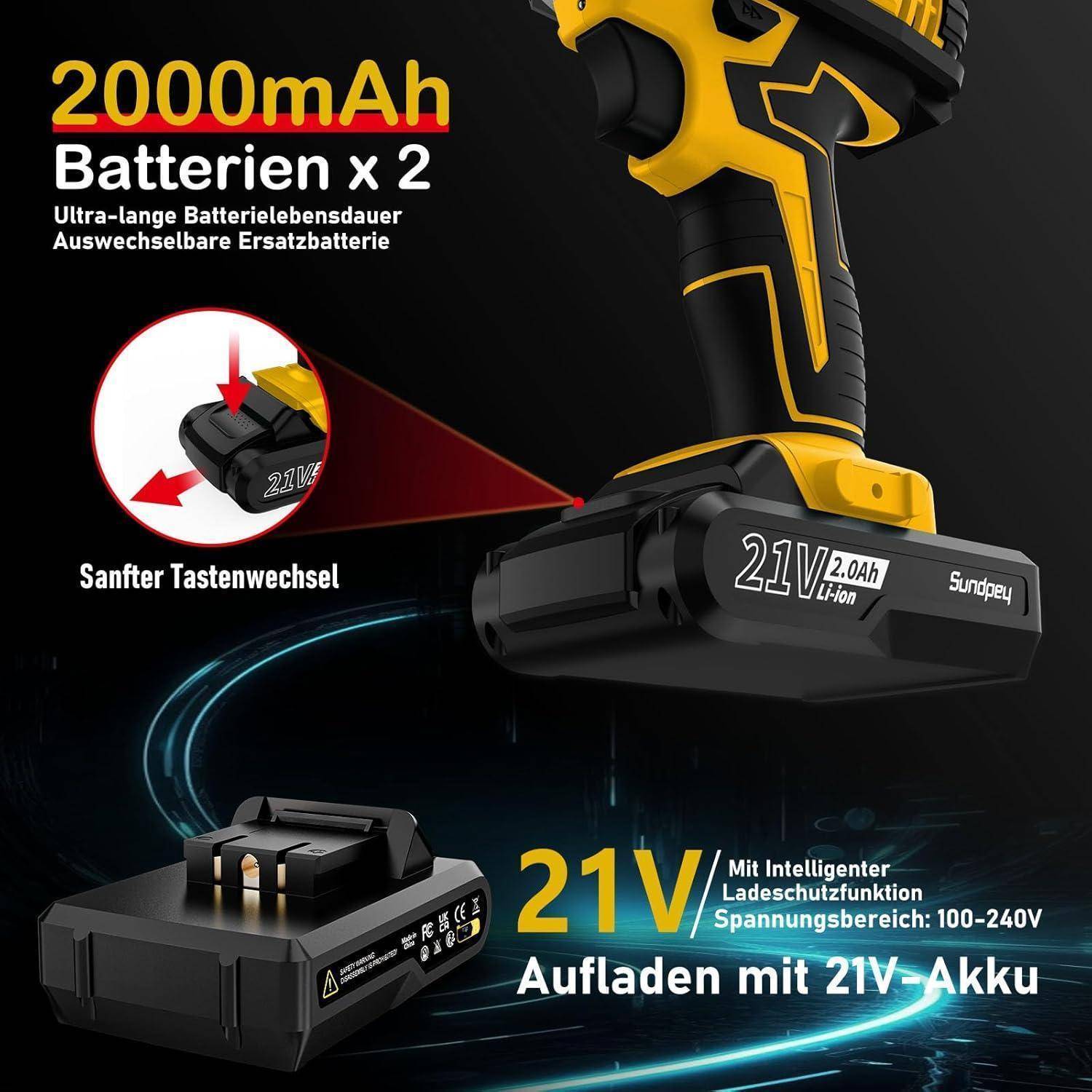 Ein schwarz-gelbes Elektrowerkzeug mit '2000mAh' und 'Batterien x 2' Beschriftung, das Dual-Batterien, schnellen Batteriewechsel und 21V-Ladung hervorhebt.
