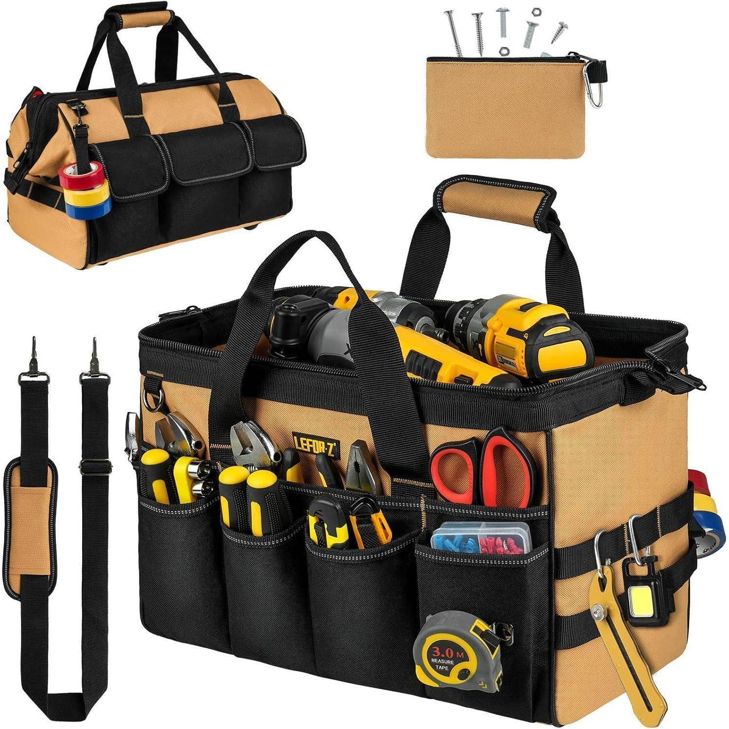 Eine Werkzeugtasche mit mehreren Taschen, die einen Bohrer, verschiedene Schraubendreher, Zangen, Schere, Maßband und eine kleine Tasche mit Schrauben enthält.
