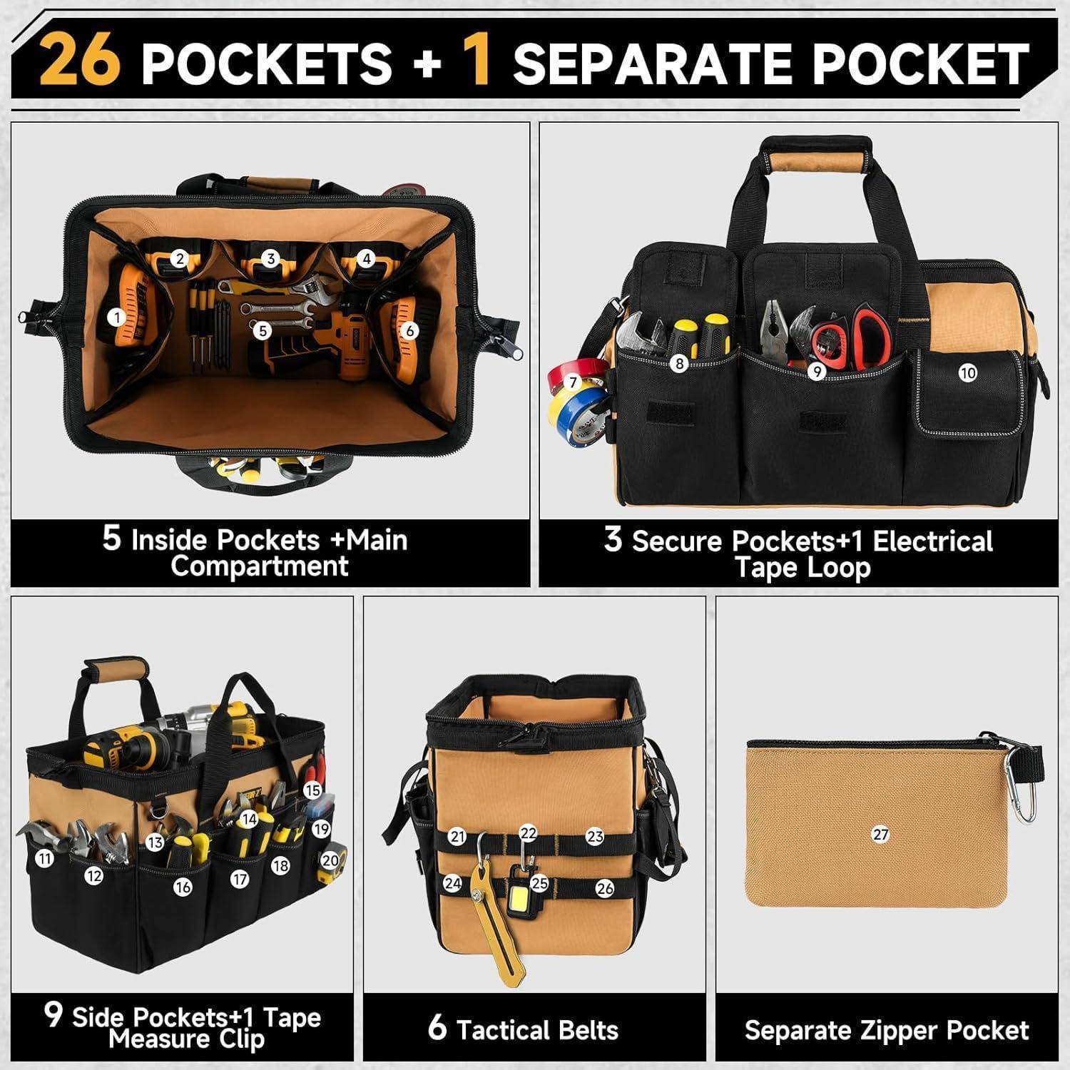 Werkzeugtasche mit '26 Taschen + 1 separater Tasche' Text. Zeigt Innen- und Außenspeicher mit Werkzeugen, einer Reißverschlusstasche und taktischen Gürteln.