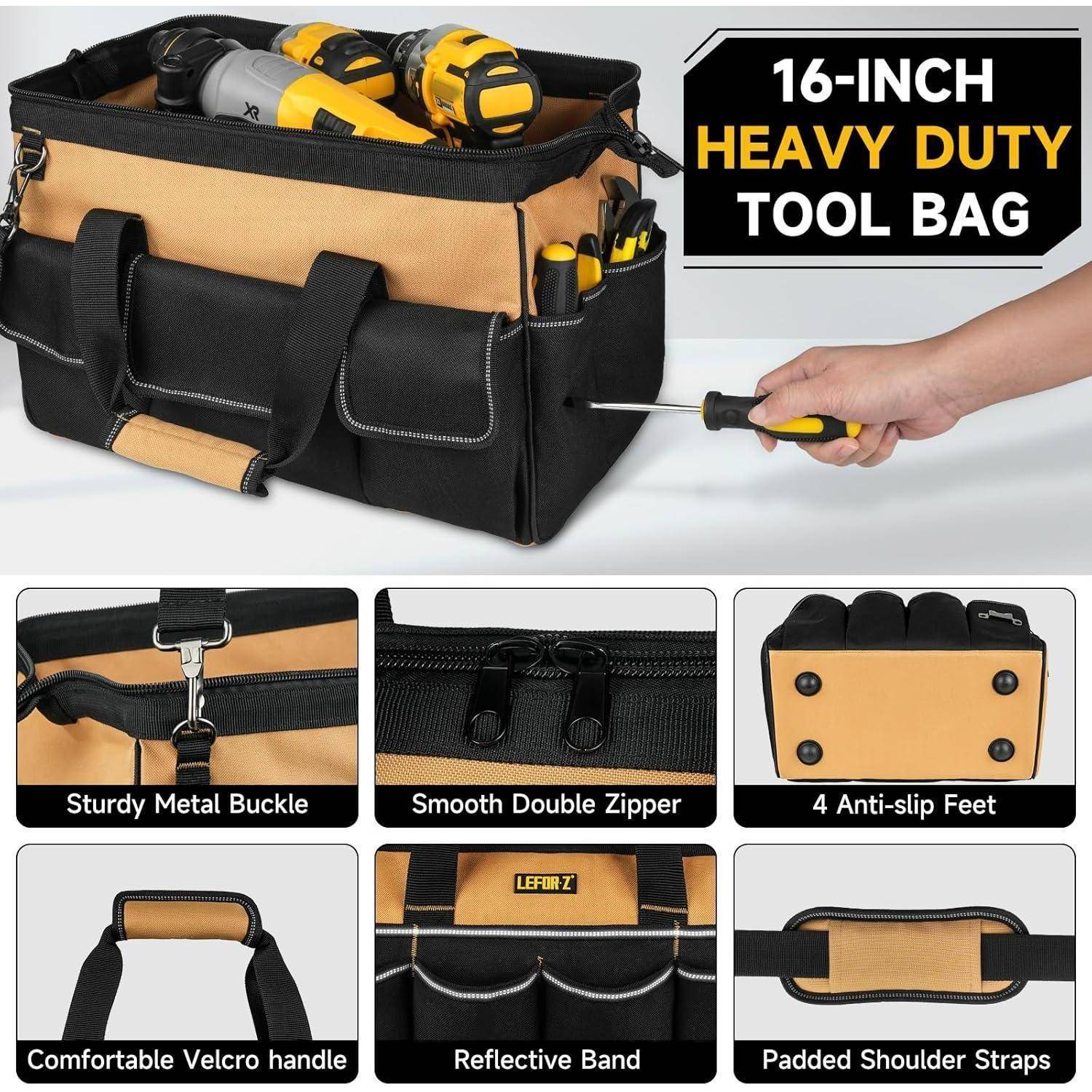 16-Zoll robuste Werkzeugtasche mit stabiler schwarz-brauner Konstruktion. Merkmale umfassen Metallschnalle, Reißverschluss mit Doppelöffnung, rutschfeste Füße, Klettverschluss-Griff, reflektierendes Band, gepolsterte Träger.