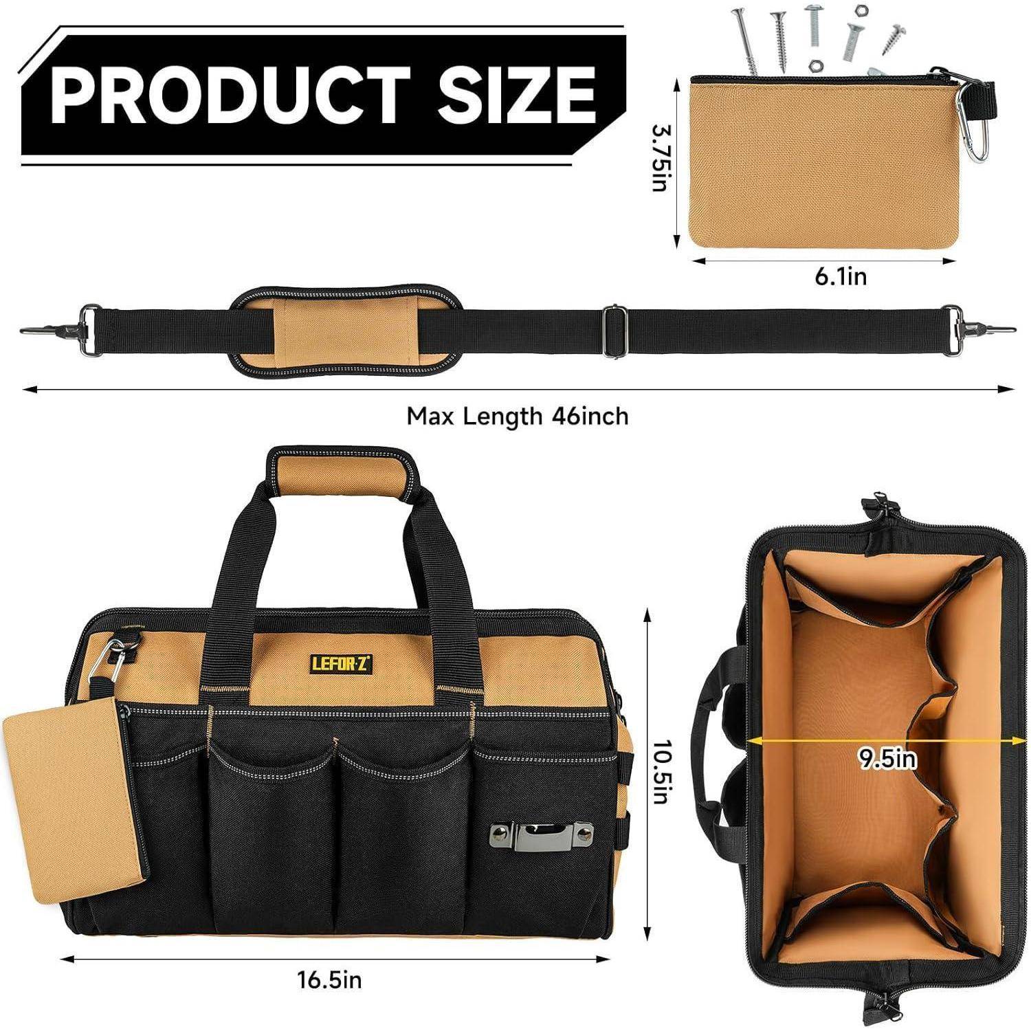 Produktgröße': Werkzeugtasche mit 16,5 Zoll Breite, 10,5 Zoll Höhe und 9,5 Zoll Tiefe. Inklusive abnehmbarem Schultergurt mit maximaler Länge von 46 Zoll und einer Tasche mit Maßen von 6,1 Zoll x 3,75 Zoll.
