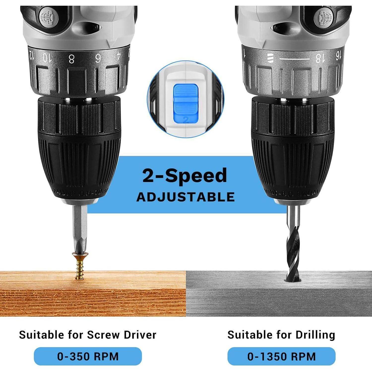 Eine zweistufige einstellbare Bohrmaschine mit Einstellungen für Schrauber (0-350 U/min) und Bohren (0-1350 U/min), die bei der Arbeit mit Holz gezeigt wird.