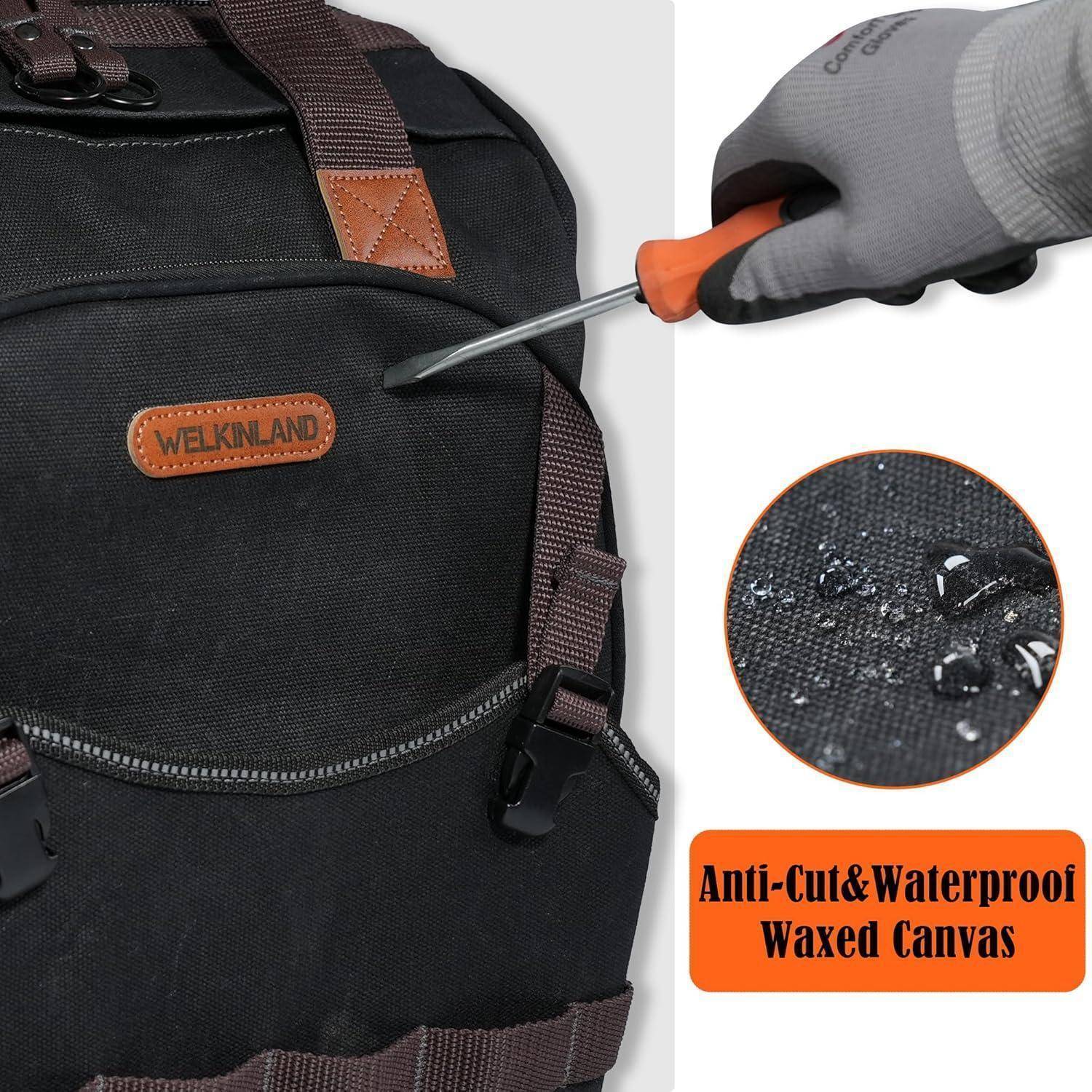 Ein Schraubendreher, gehalten von einer Handschuh tragenden Hand, drückt gegen einen schwarzen Rucksack. Einblendung zeigt Wassertropfen auf dem Stoff. Text: 'Schnittfest & Wasserdicht mit Wachsimprägnierung'.