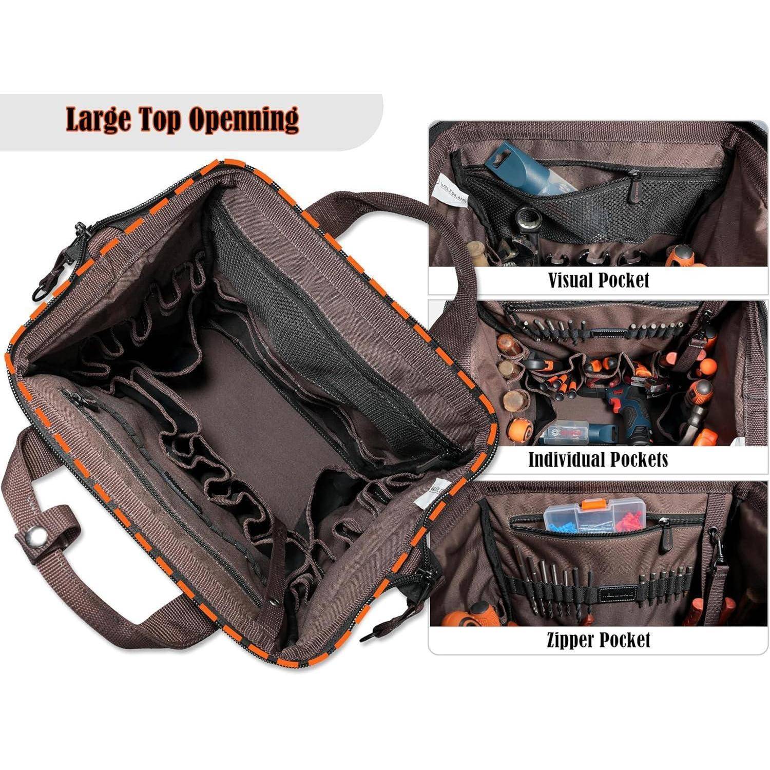 Werkzeugtasche von innen, die eine große obere Öffnung mit mehreren sichtbaren, individuellen und Reißverschlussfächern für eine organisierte Aufbewahrung von Werkzeugen zeigt.