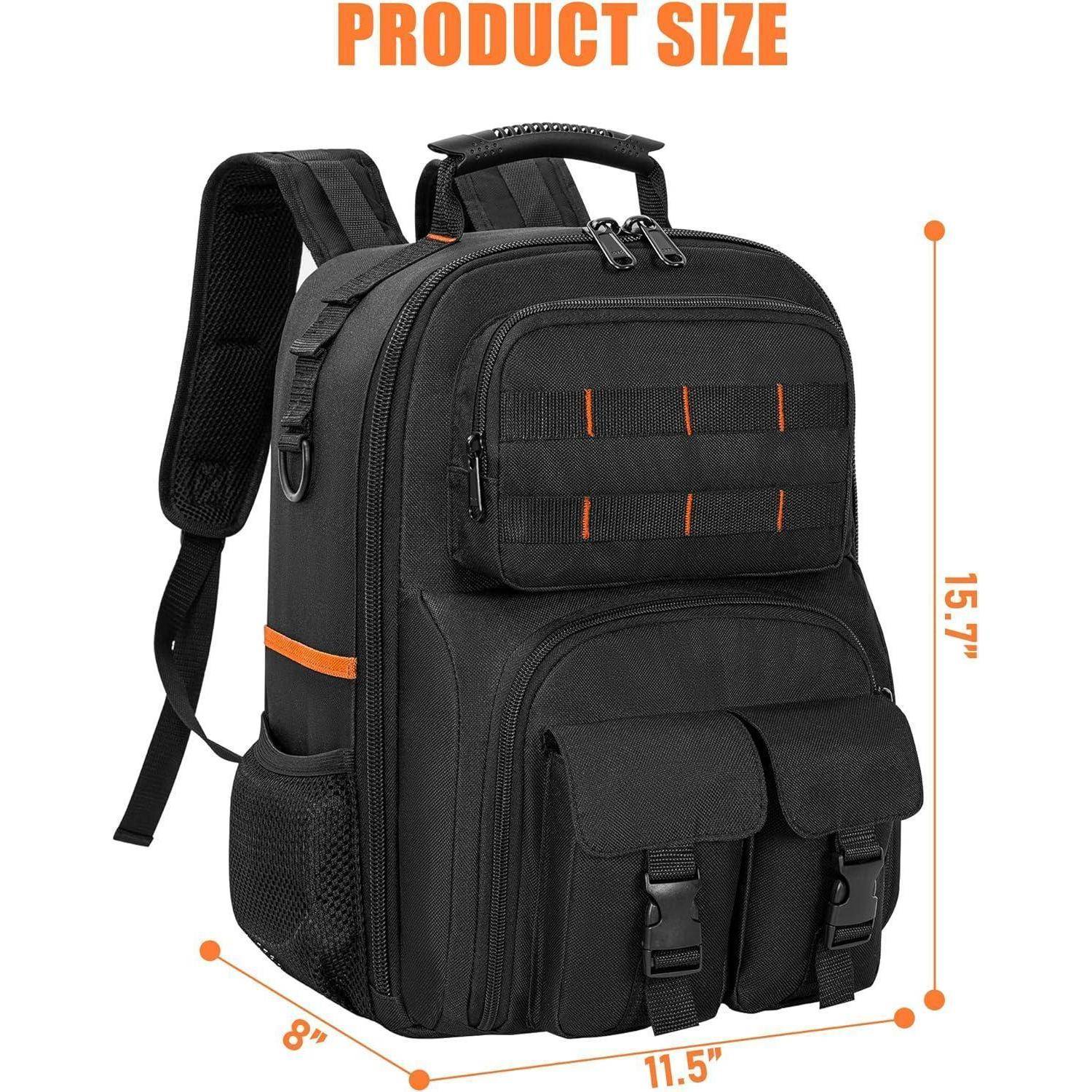Ein schwarzer Rucksack mit orangefarbenen Akzenten wird mit seinen Abmessungen präsentiert: 15,7 Zoll hoch, 11,5 Zoll breit und 8 Zoll tief.