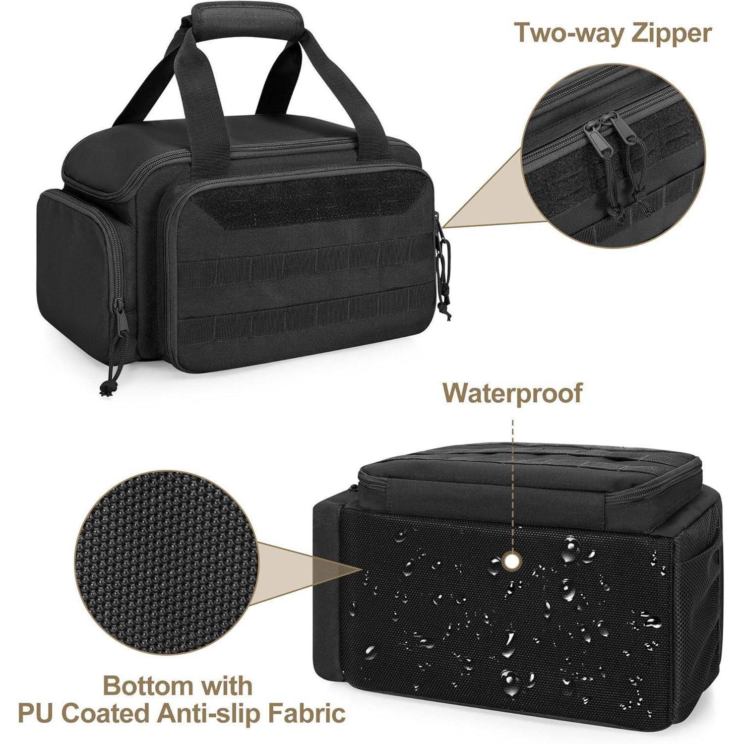 Schwarze Kühltasche mit Zweiwege-Reißverschluss, wasserdichtem Material und mit PU beschichteter rutschfester Stoffboden. Fasst bis zu 24 Dosen.