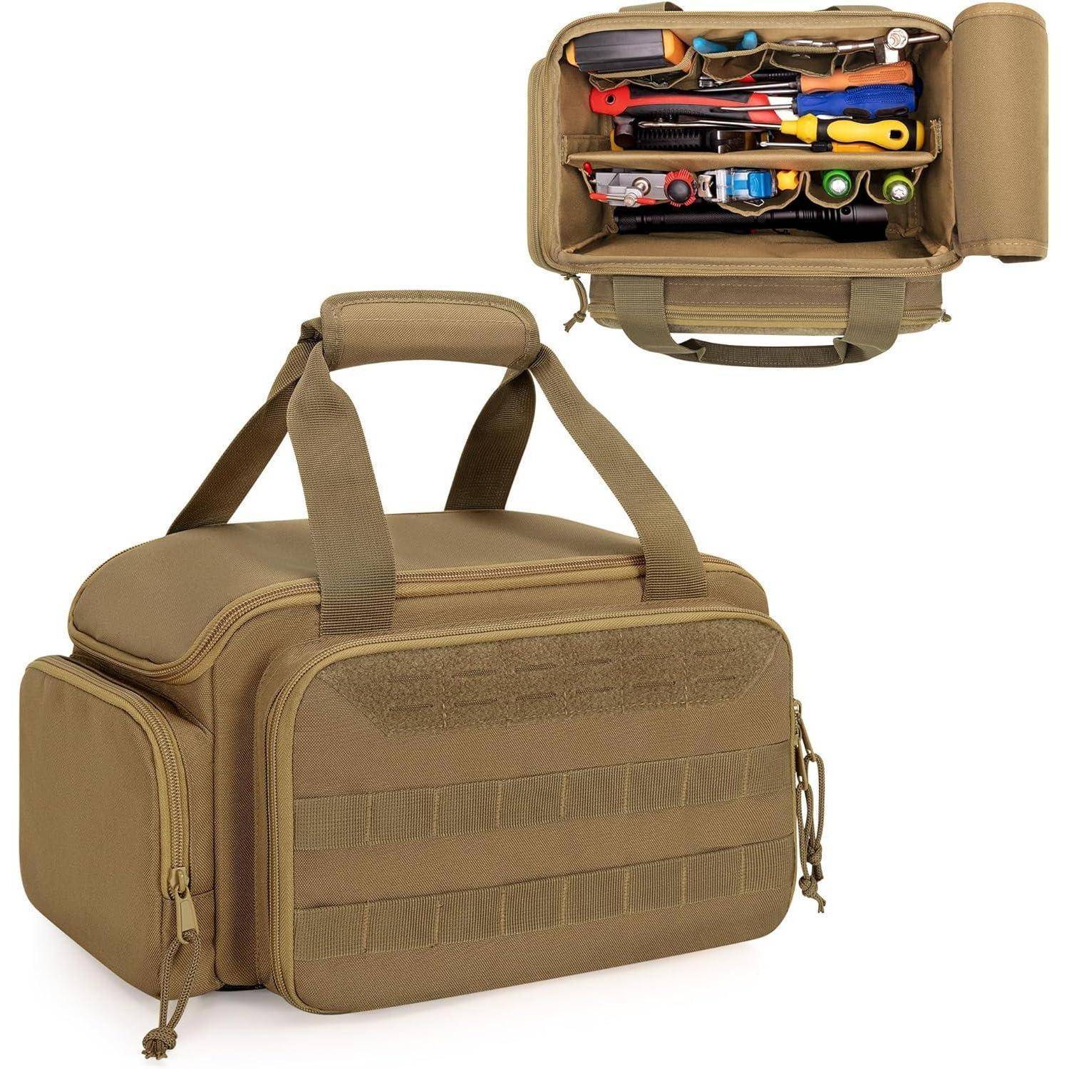 Eine beige taktische Werkzeugtasche, die verschiedene Handwerkzeuge übersichtlich organisiert zeigt. Die Tasche verfügt über mehrere Fächer und robuste Tragegriffe.